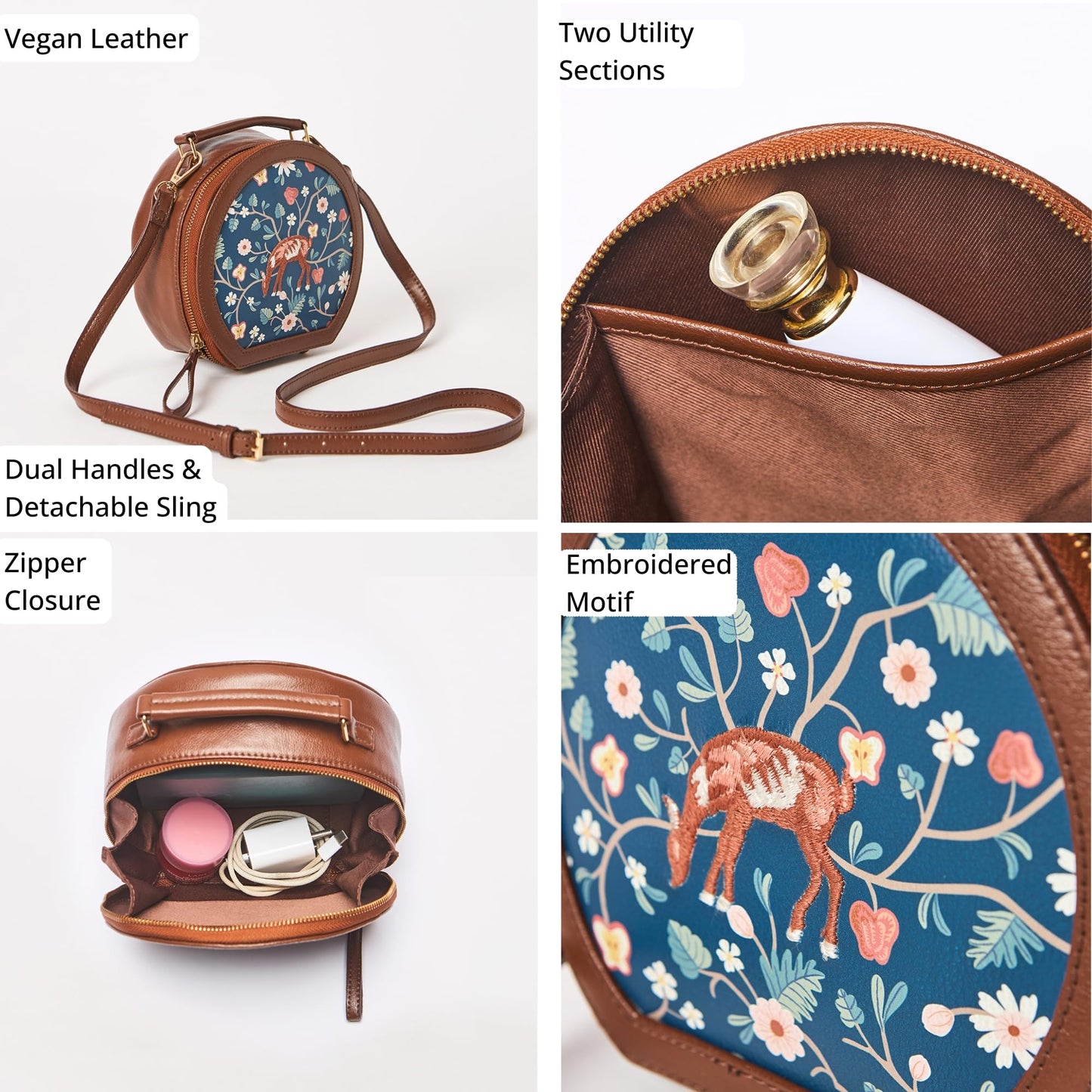 Chumbak Vienna Crossbody Bag, 2.2L, Tan, PU Outer with Polyester Lining, Stylish Small Sling Bag for Women, Kashmir Trails Collection