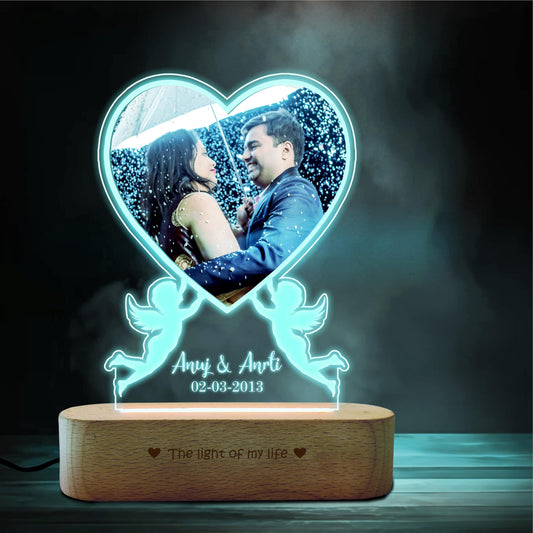 ZOCI VOCI Acrylic Personalized Valentine Gift for Couple - Tabletop LED Heart Photo Frame,Anniversary Gift for Wife & Husband,Photo Engraved Lamp (Cupid Love,RGB Smooth - No Remote),Blue,20x15 cm