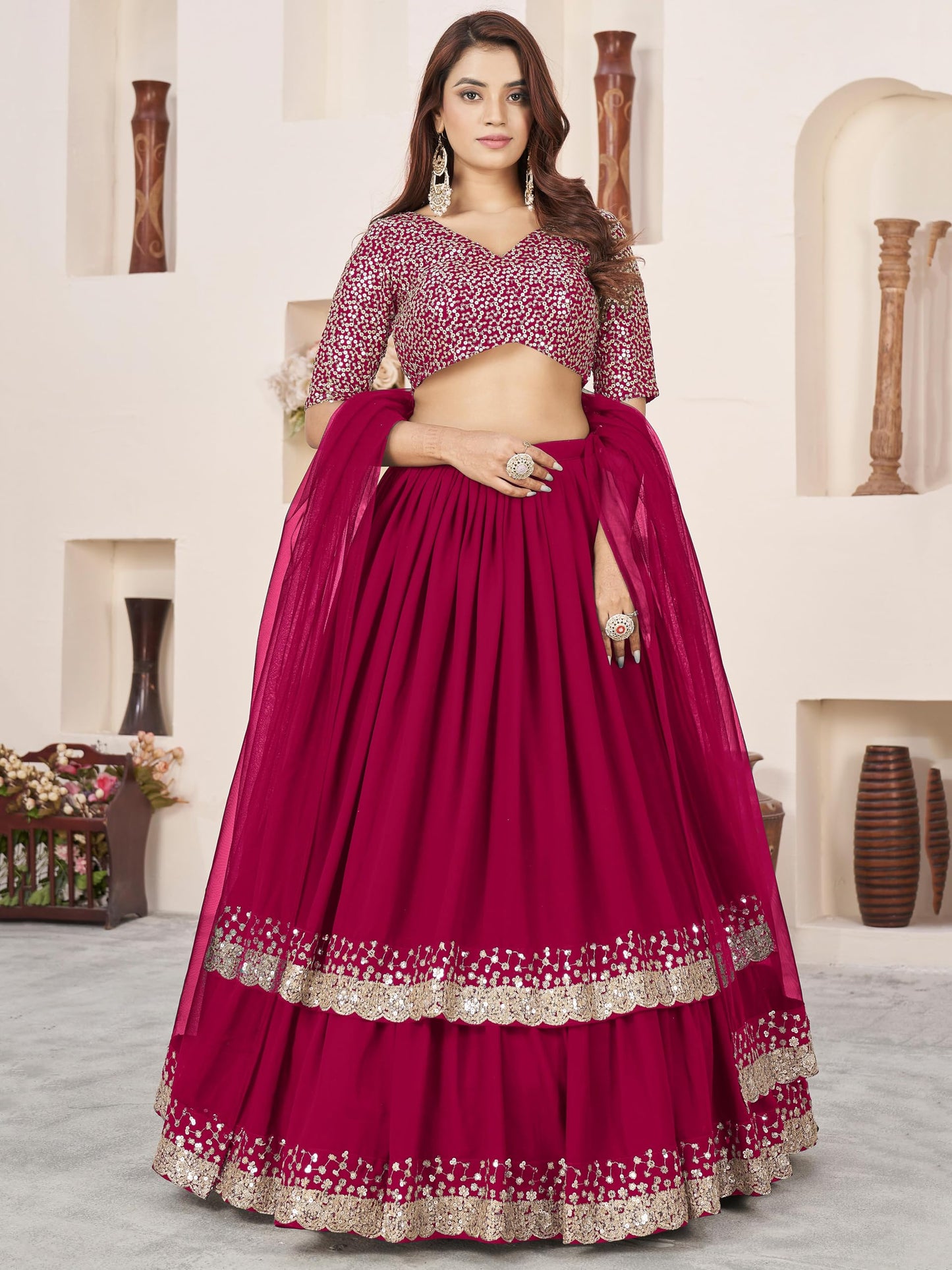 Zeel Clothing Women Georgette Semi-Stitched Sequins Embroidered New Lehenga Choli with Dupatta (5066-Pink- -Lehenga-Choli-Latest; Free Size) (Pink)