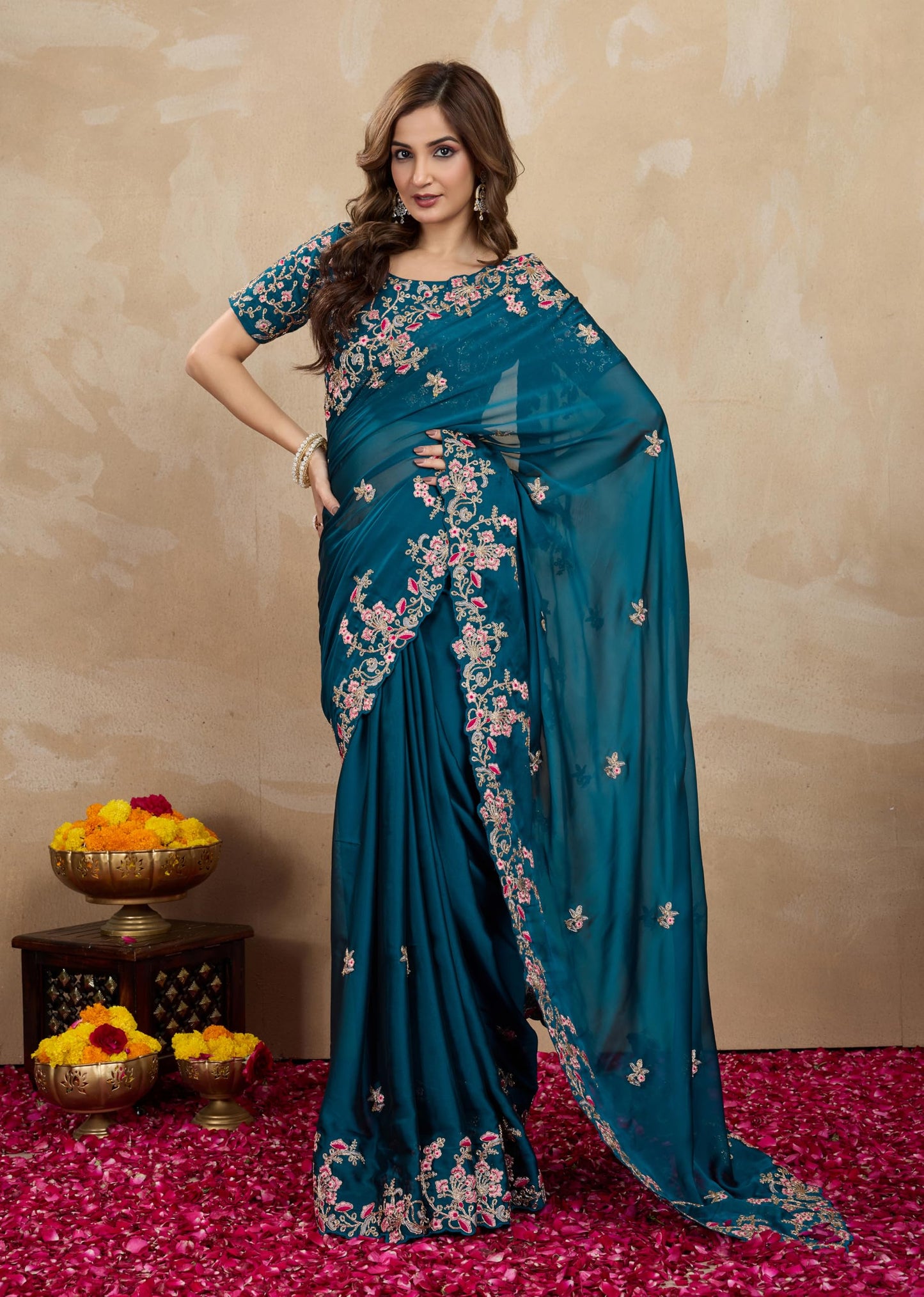 TRENDMALLS Women's Rangoli Silk Heavy Embroidred sarees for women (Morpeach)