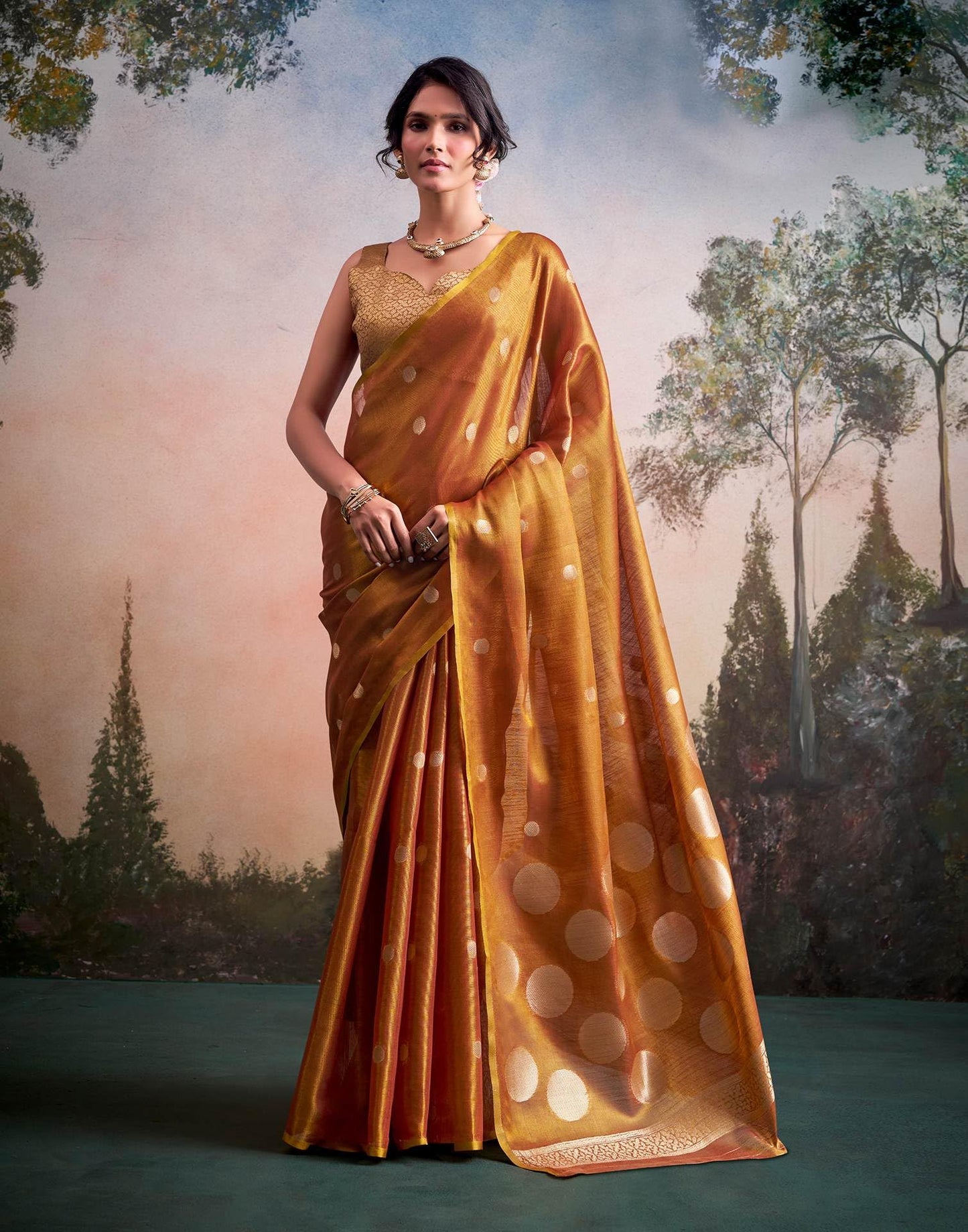 SWORNOF Gold-Toned Woven Design Tissue Saree With Unstitched Blouse Piece (ORANGE)