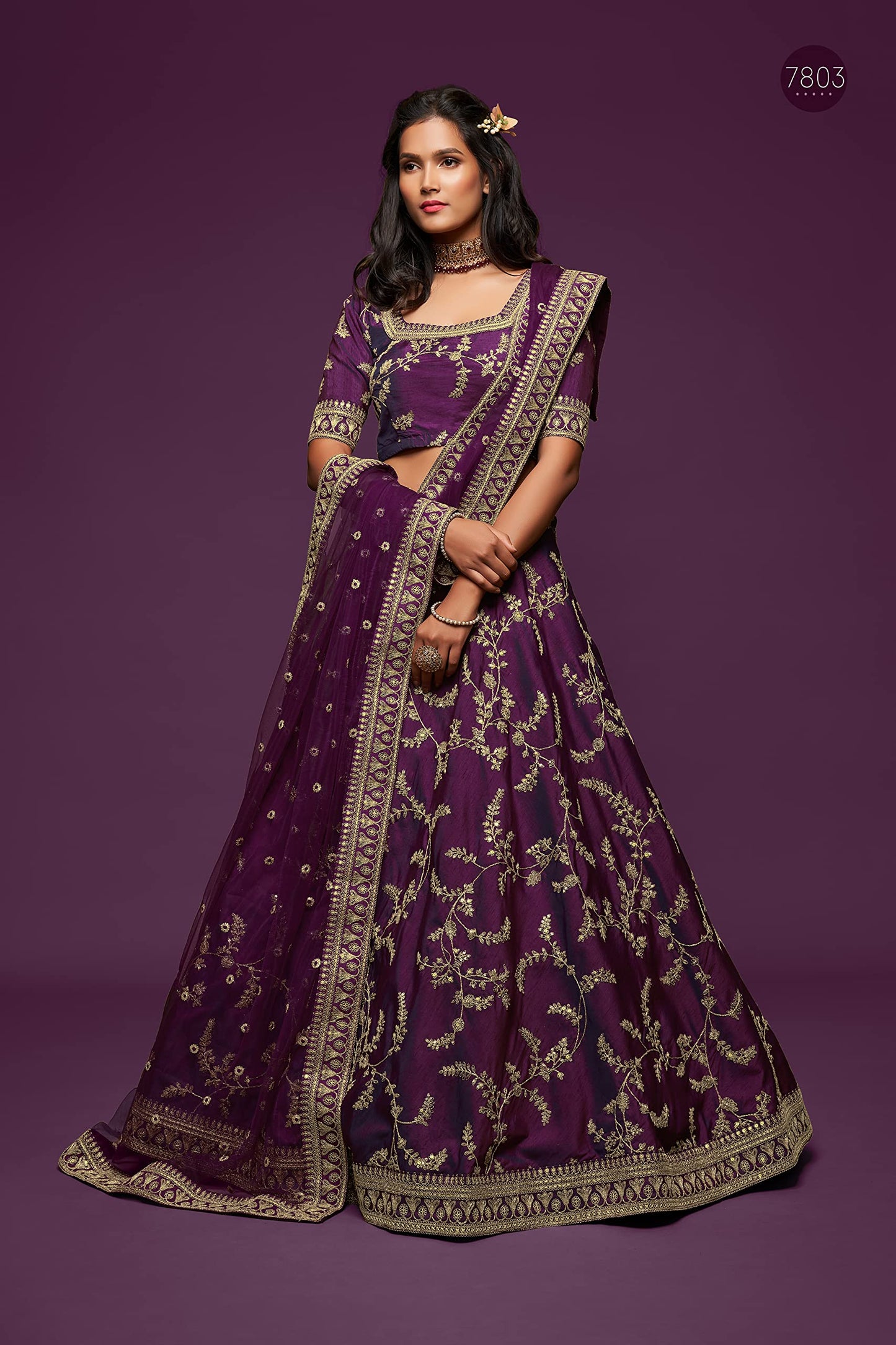 Zeel Clothing Women's Art Silk Semi-Stitched Lehenga Choli with Dupatta (7803-Purple-Wedding-Bridal-Latest-Choli; Free Size) (Purple)