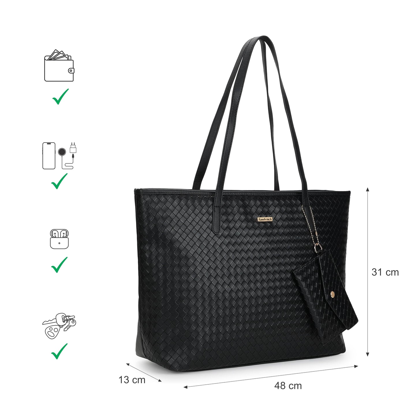 Fastrack Textured Oversized Structured Tote Bag For Women, Girls and Ladies Fits Upto 15" Laptop |Comes with a Removable Small Pouch | Made of Premium PU Material | Totes for Casual Carry