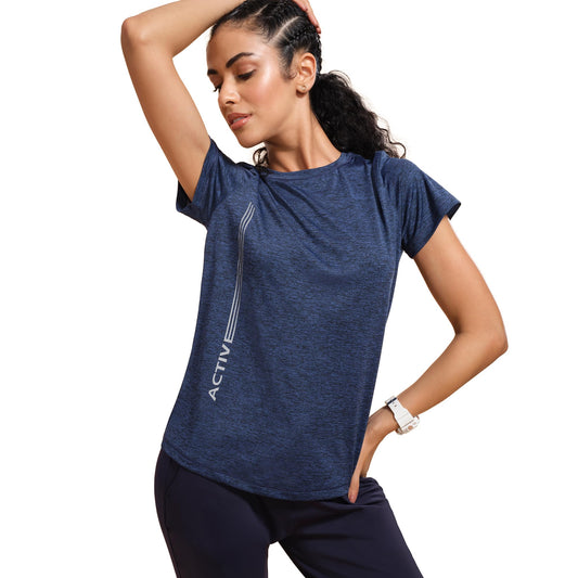 Enamor Women's Polyester Letter Print Relaxed Fit T-Shirt (A309_Navy Melange-Active Reflective, Large