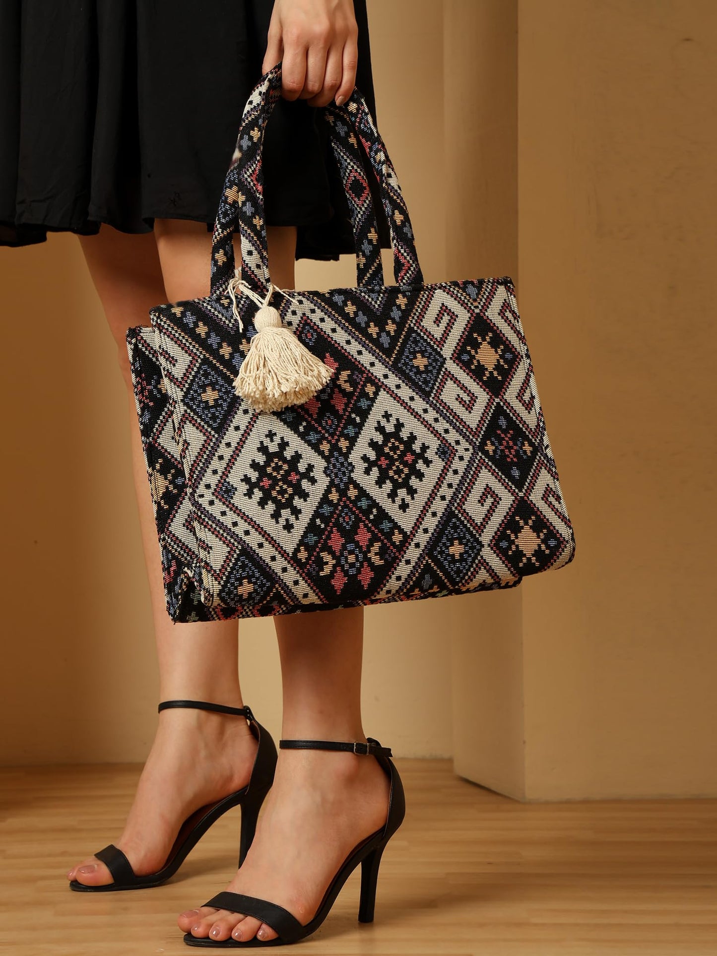 ENSAC Tote Bag for Women – Ethnic Embroidered Shoulder Bag with Tassel | Stylish Large Handbag for Office, College & Casual Outings