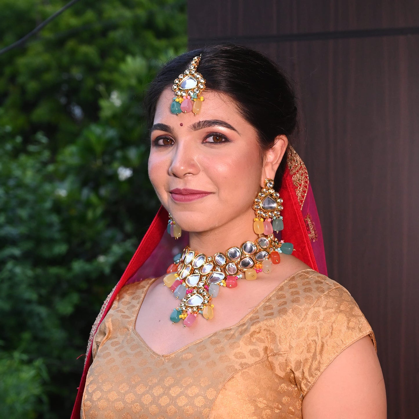 Lucky Jewellery Back Meenakari 18k Gold Plated MultiColor Tika Earring Combo Jewellery Set Uncut Kundan Big Faux Kundan Choker Necklace Set For Girl's & Women (2935-M6SK-1674-MT)