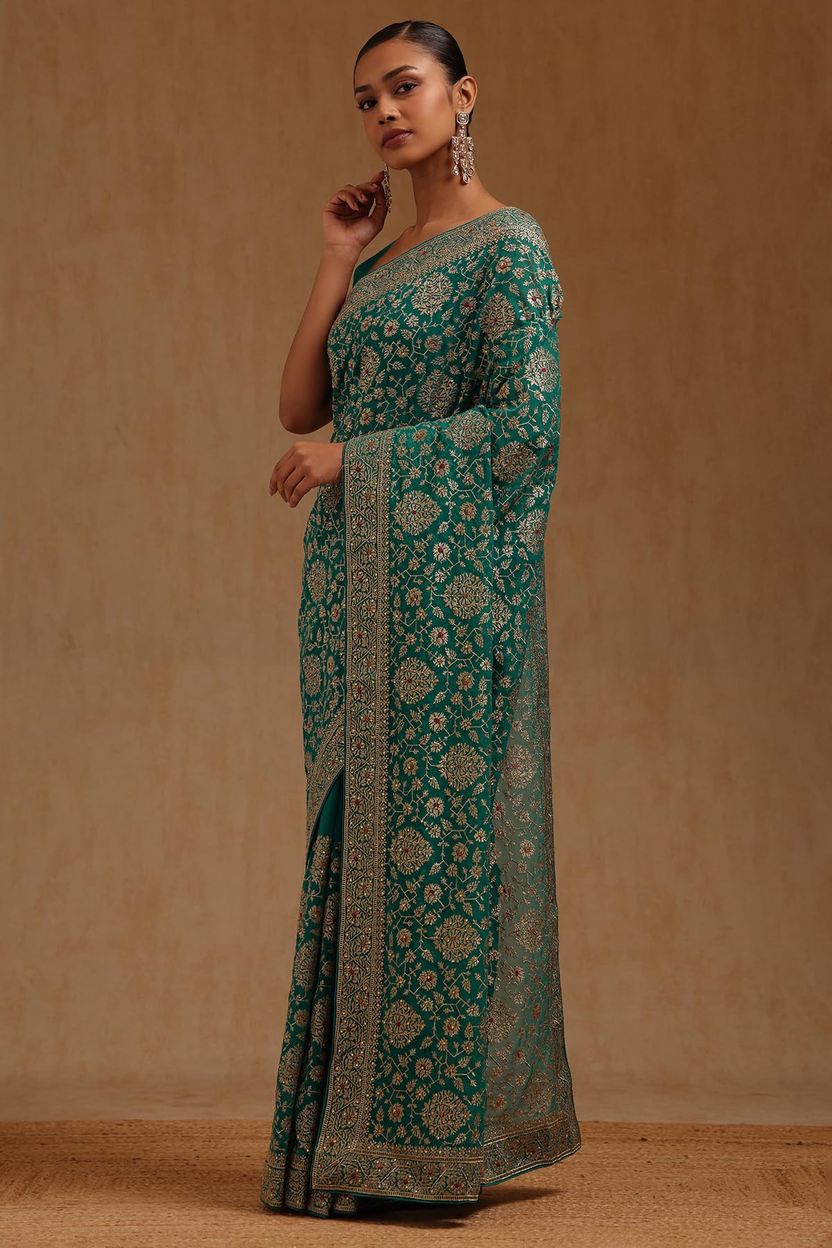 Soch Womens Turquoise Blue Georgette Embroidered Saree With Stone Work