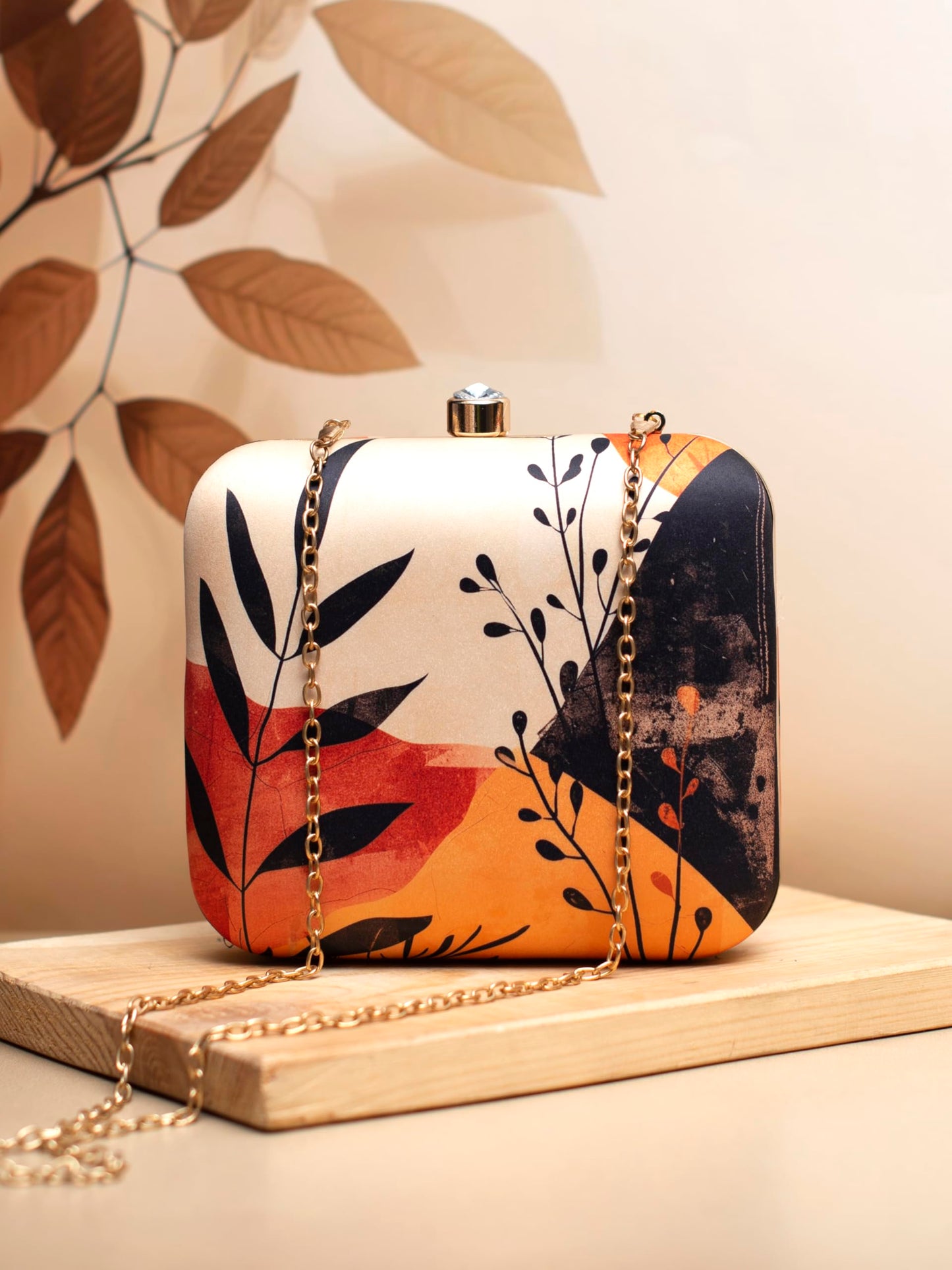 Artklim Women’s Abstract Printed Clutch Bag | Modern Box Style Evening Clutch Purse with Detachable Metal Chain | Stylish Ethnic Ladies Handbag for Party, Wedding and Casual Outfits (Multicolor)