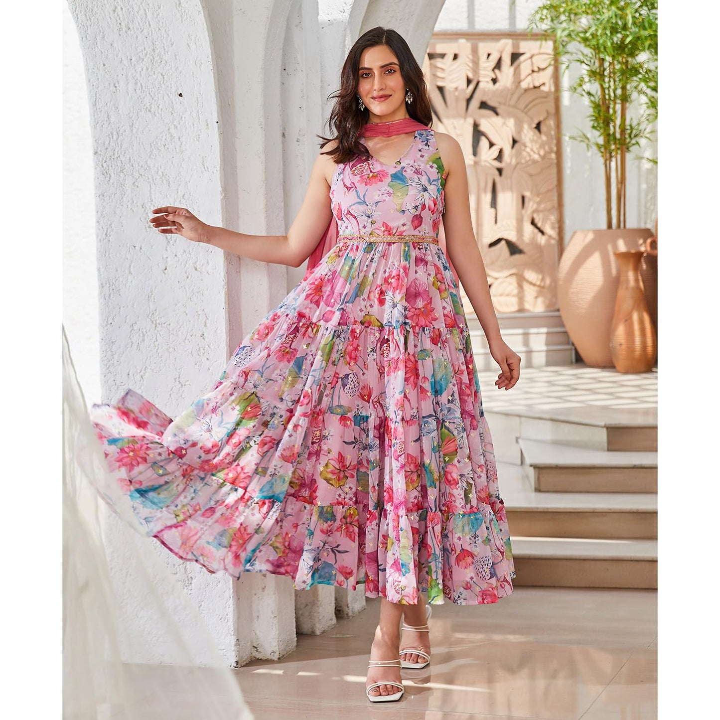 BIBA Women Polyester Anarkali Printed Dress (SKD9665_Pink_XS)