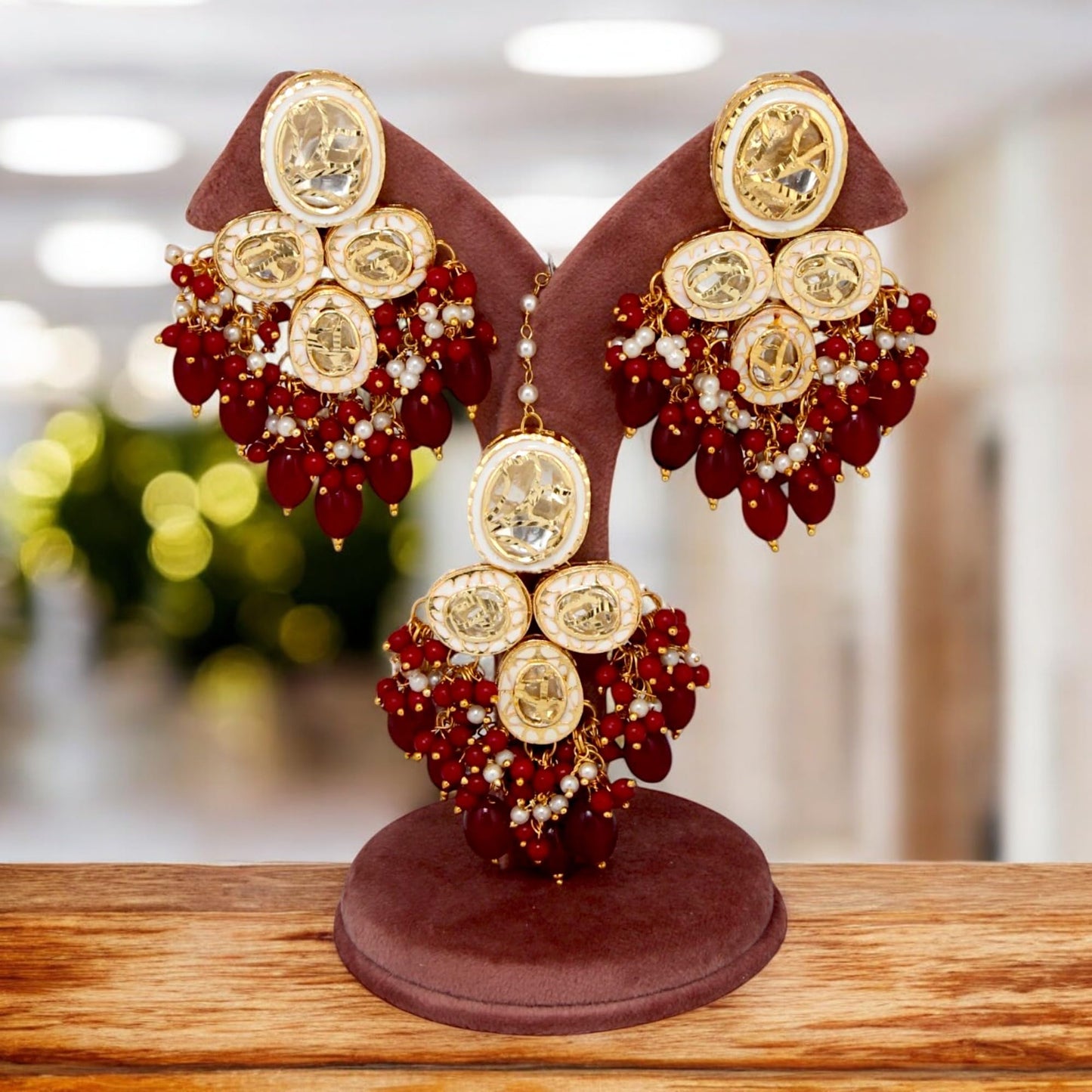 Lucky Jewellery Womens Back Meenakari 18K Gold Plated Maroon Color Set With Earring And Mang Tika Combo Uncut Big Faux Kundan Choker Necklace Set (2415-J5SK-1815-M)