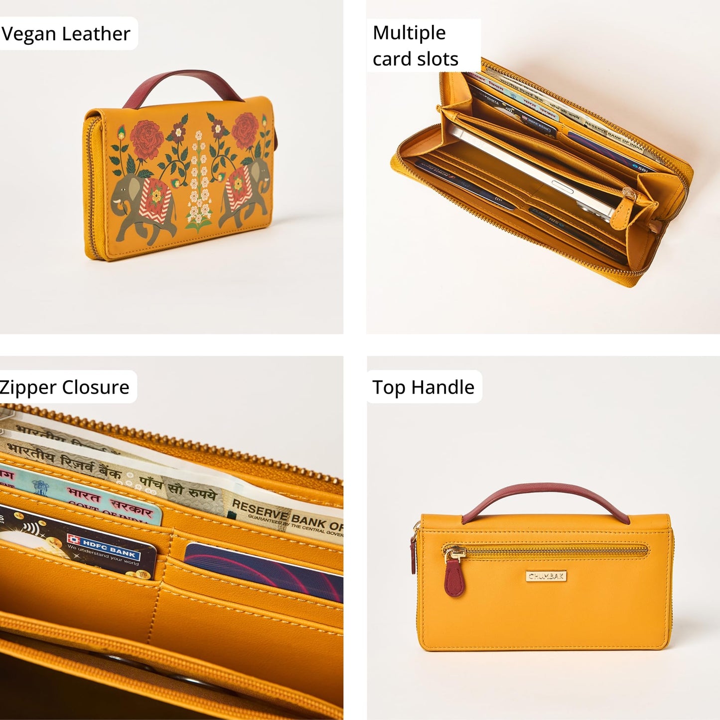 Chumbak Mustard Wallet for Women, Zipper Closure, Top Handle, Palace Memoirs Collection, Stylish Designer Handbag Purse Wallet Sling Tote, Everyday Casual Ethnic Travel Office Use