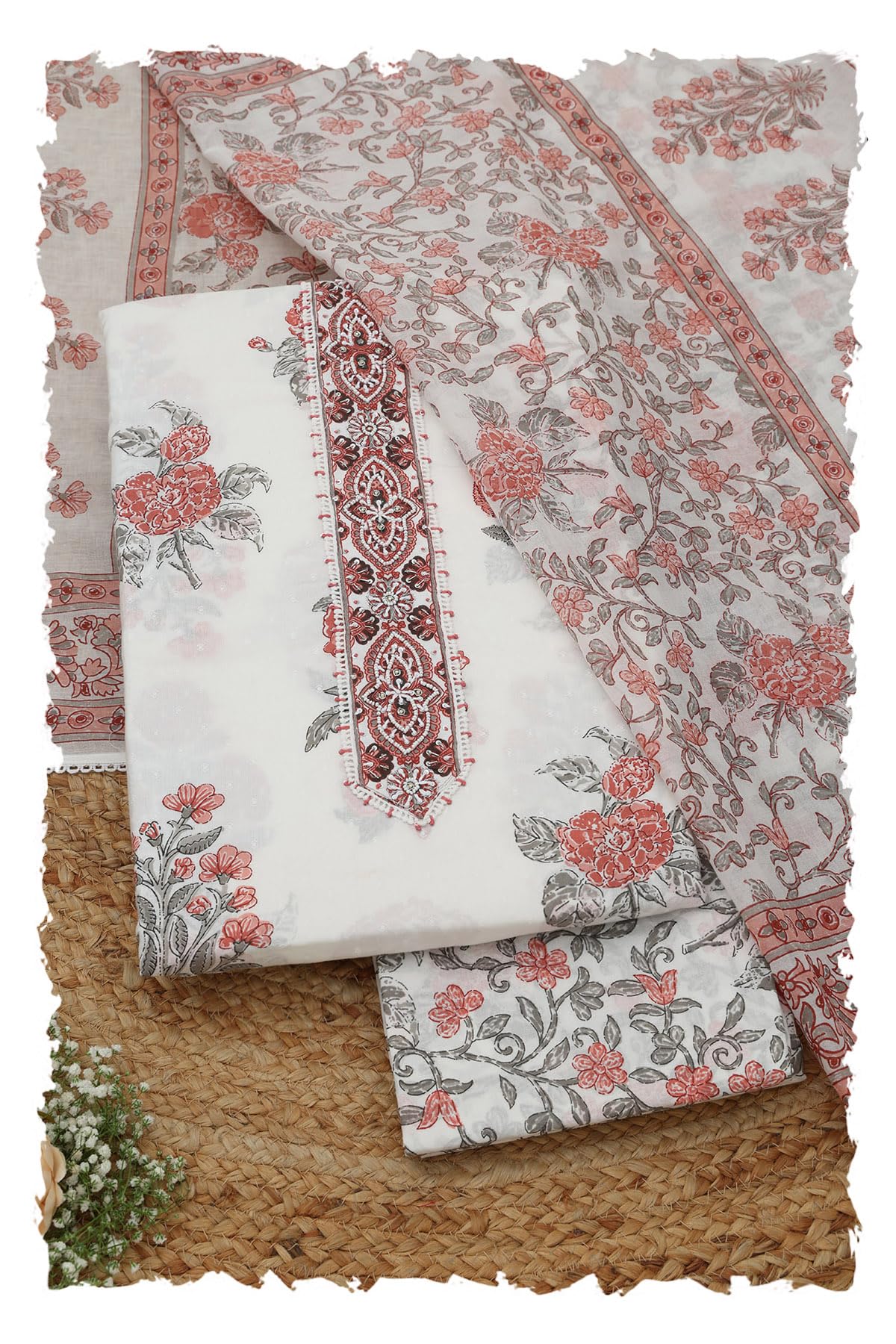 Soch Womens White Cotton Floral Dress Material With Beads