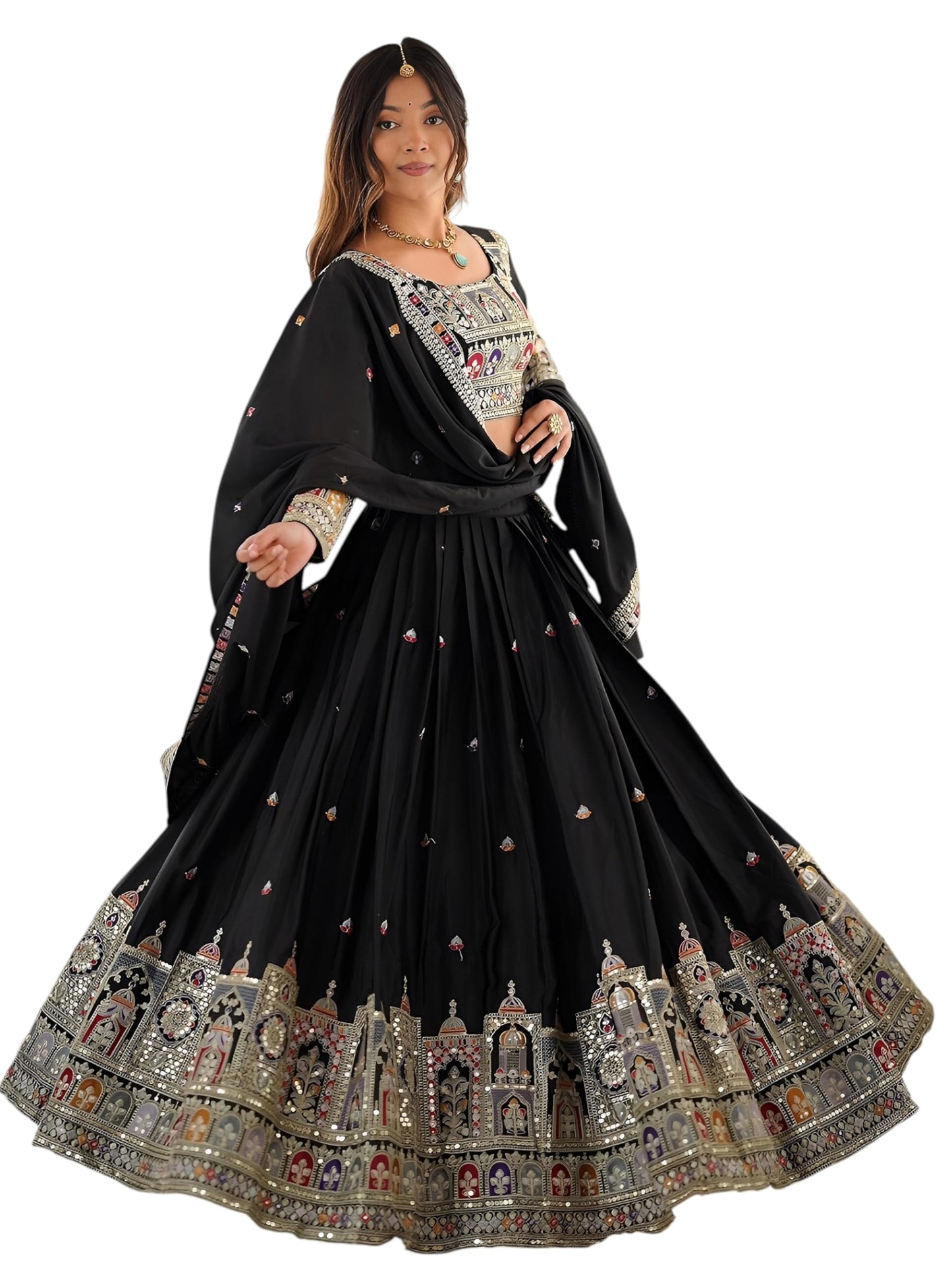 Zeel Clothing Women's Sequins Thread Embroidered French Crepe Lehenga Choli With Dupatta (5118-Black-Women-Lehenga-Choli-Latest; Free size) (Black)