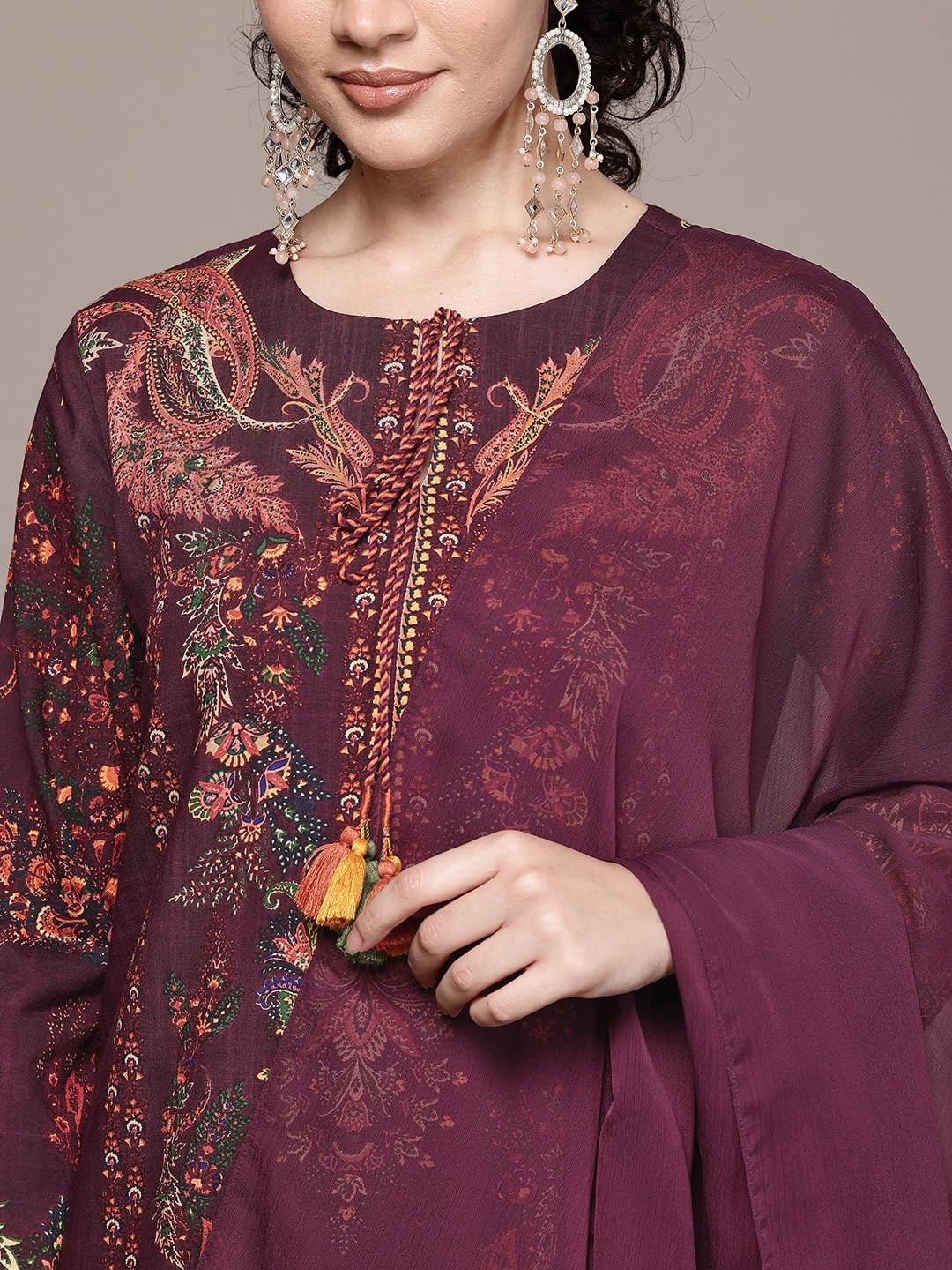 Aarke Ritu Kumar Wine Tuberose Round Neck Kurta With Pant And Dupatta