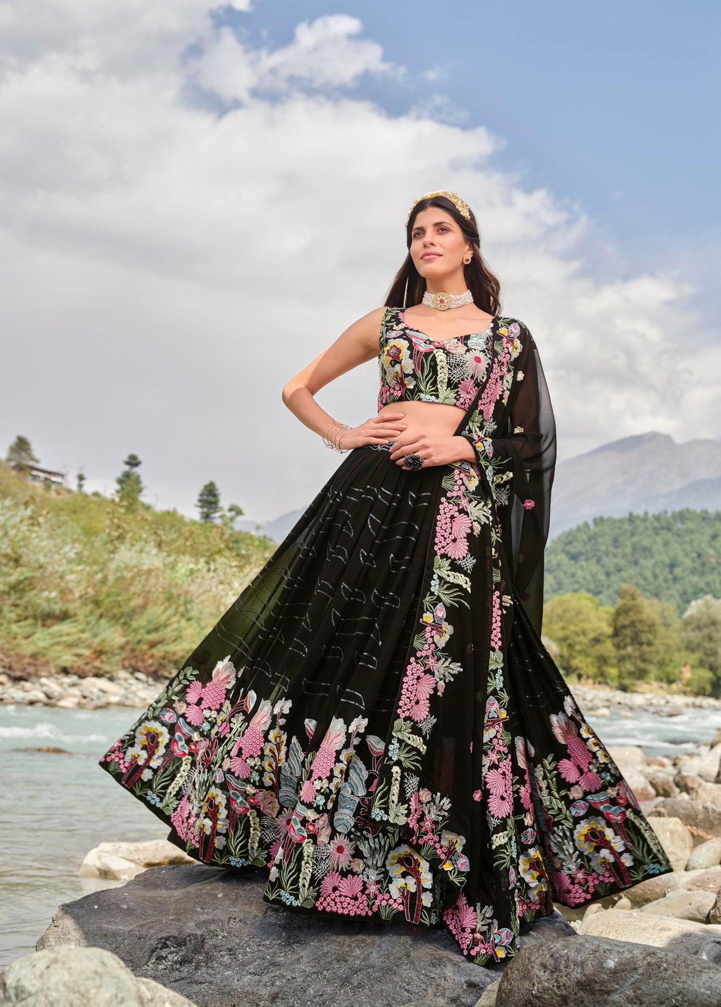 Divine Exim Women's Georgette Semi Stitched Lehenga Choli with Dupatta | Thread and Sequin Embroidery Pattern | Traditional, Wedding, Ethnic Wear Lehenga