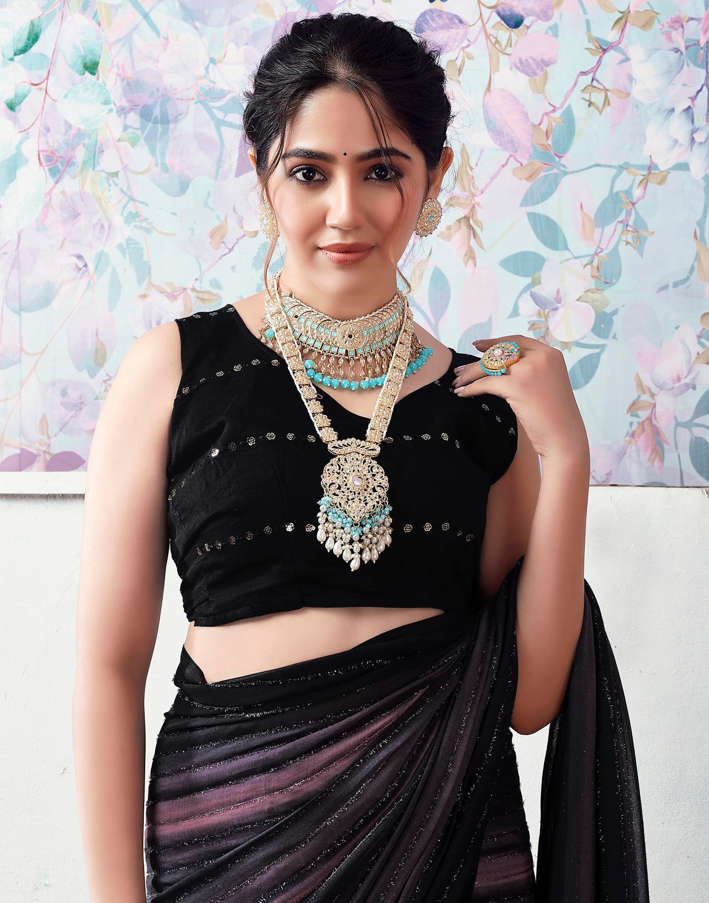 SIRIL Women's Georgette Printed Zari Stripe Saree With Unstitched Blouse Piece (3498S726_Black)