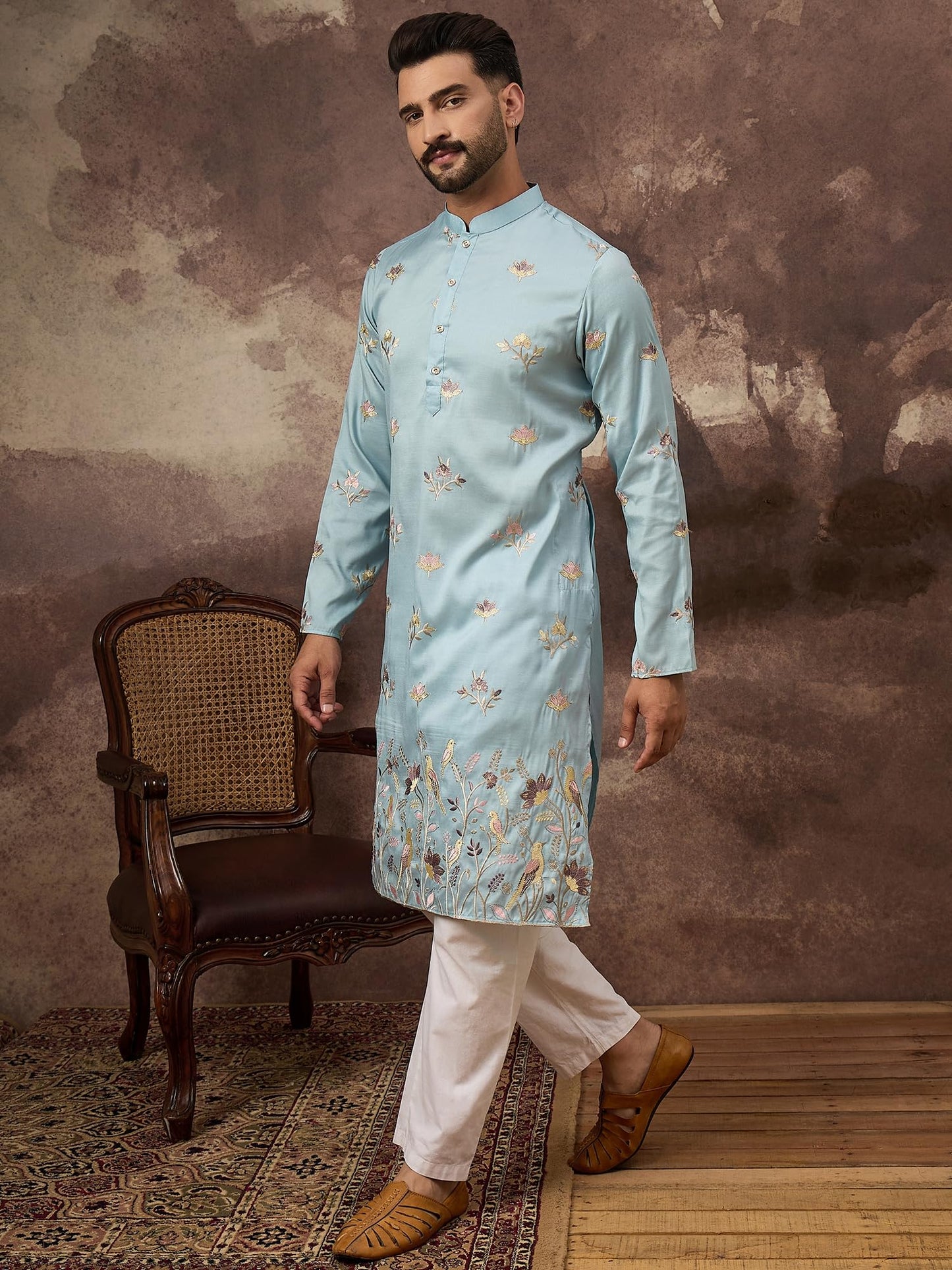 Ethnic Bay Men's Silk Blend Embroidered Solid Calf Length Kurtas | Men | Kurtas for Mens | Straight Fit Kurta for Men's Blue