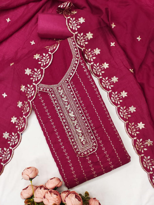 Women's Vichitra Silk Embroidery Work Unstitched Dress Material