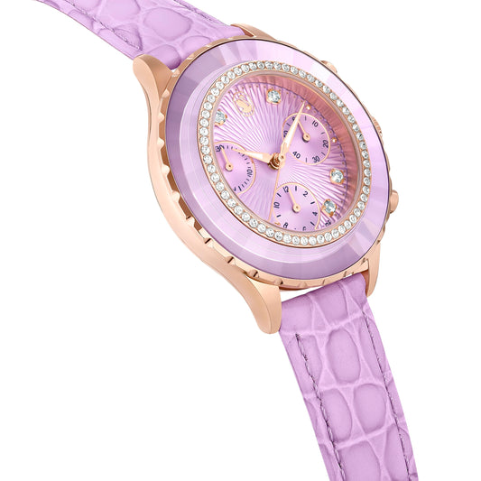 Swarovski Octea Chrono Watch, Swiss Made, Leather Strap, Purple, Rose Gold-Tone Finish, Purple, Strap, Purple, strap