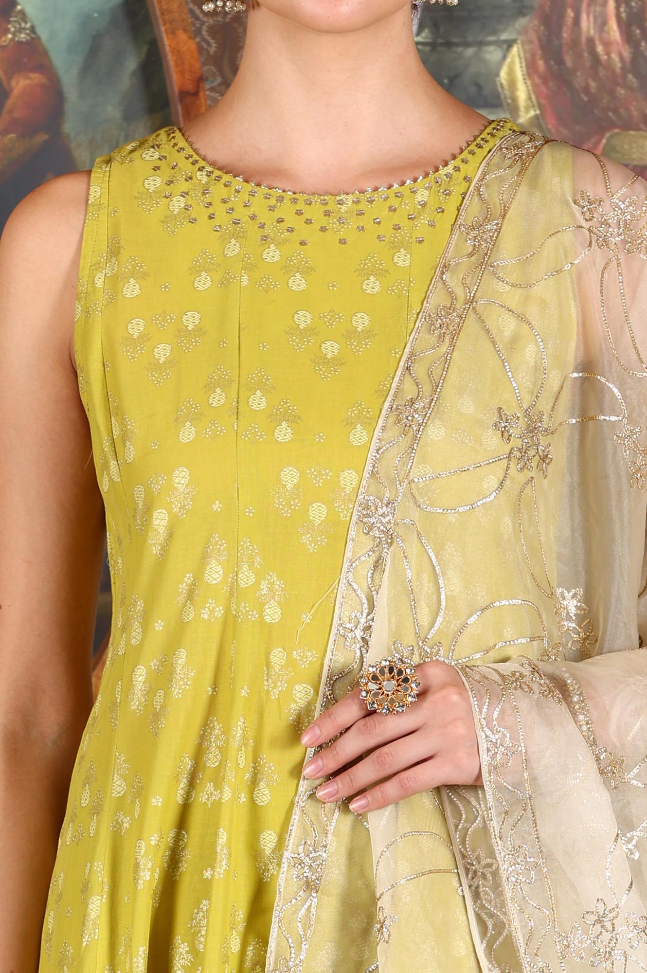 W for Woman Green Glitter Printed Embellished Sleeveless Flared Kurta, Culottes and Embroidered Dupatta Set (Size: 3XL)-24AUWS11714-124510