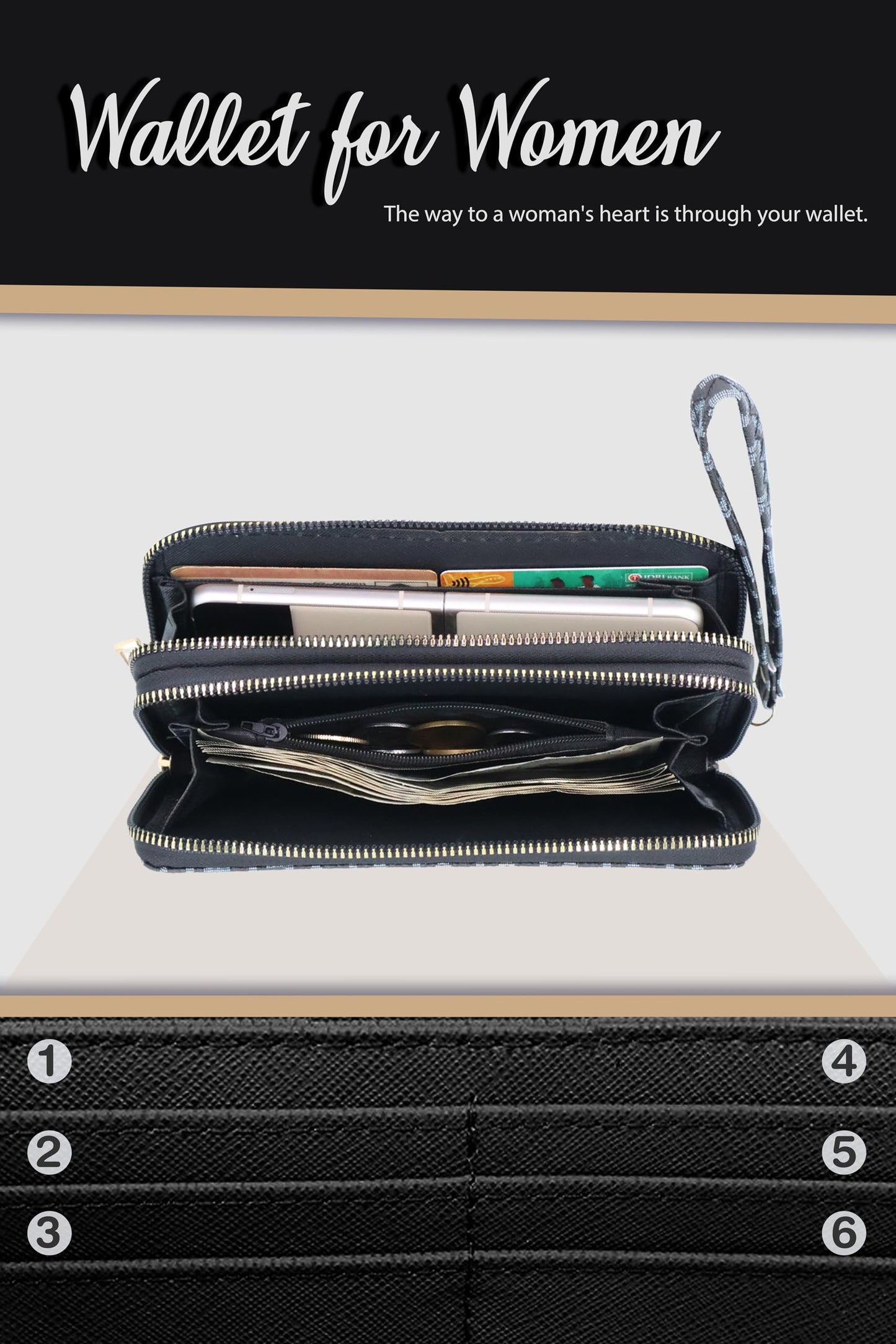 Lyrovo Purse Clutch Wallet for Women - PU Leather Double Zip Card Coin Holder with Wrist Strap (LY, Black)