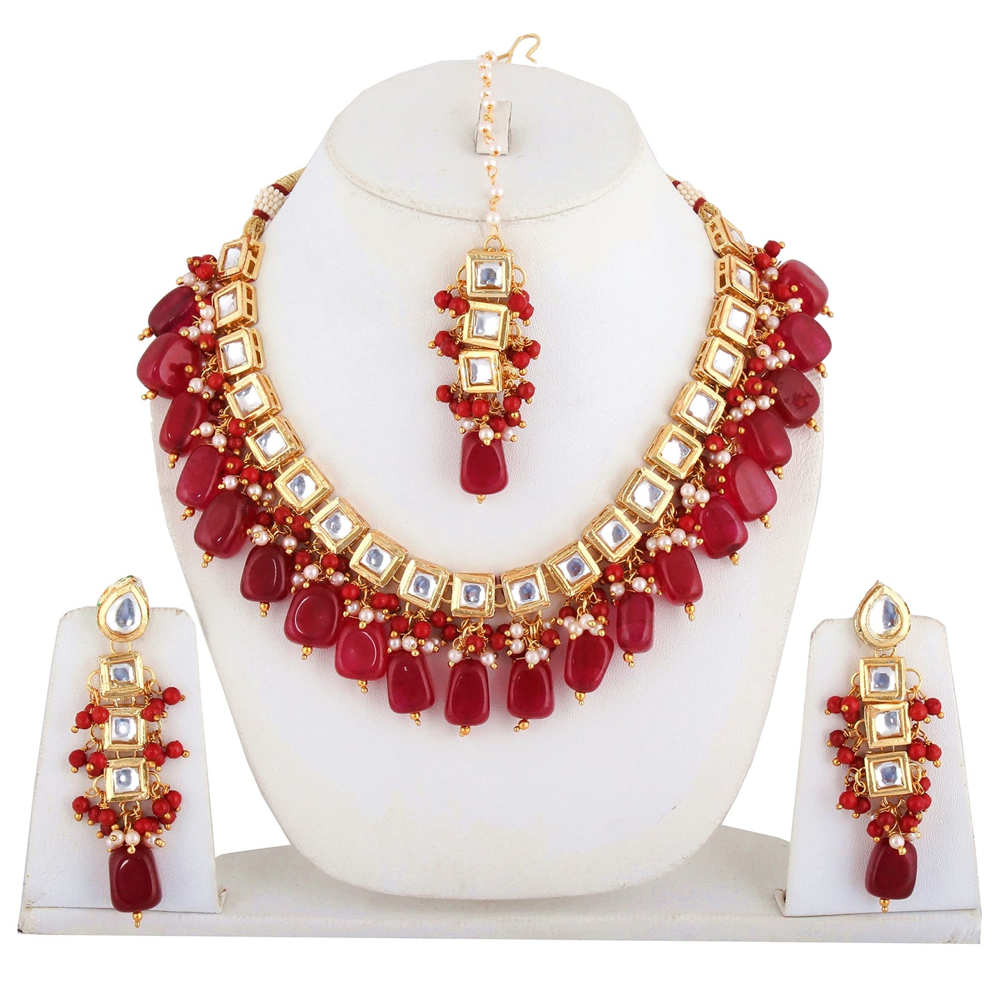 Lucky Jewellery Back Meenakari 18k Gold Plated Maroon Color Square Shape Tika Earring Combo Jewellery Set Uncut Kundan Big Faux Kundan Dibbi Kundan Choker Necklace Set for Girl's & Women