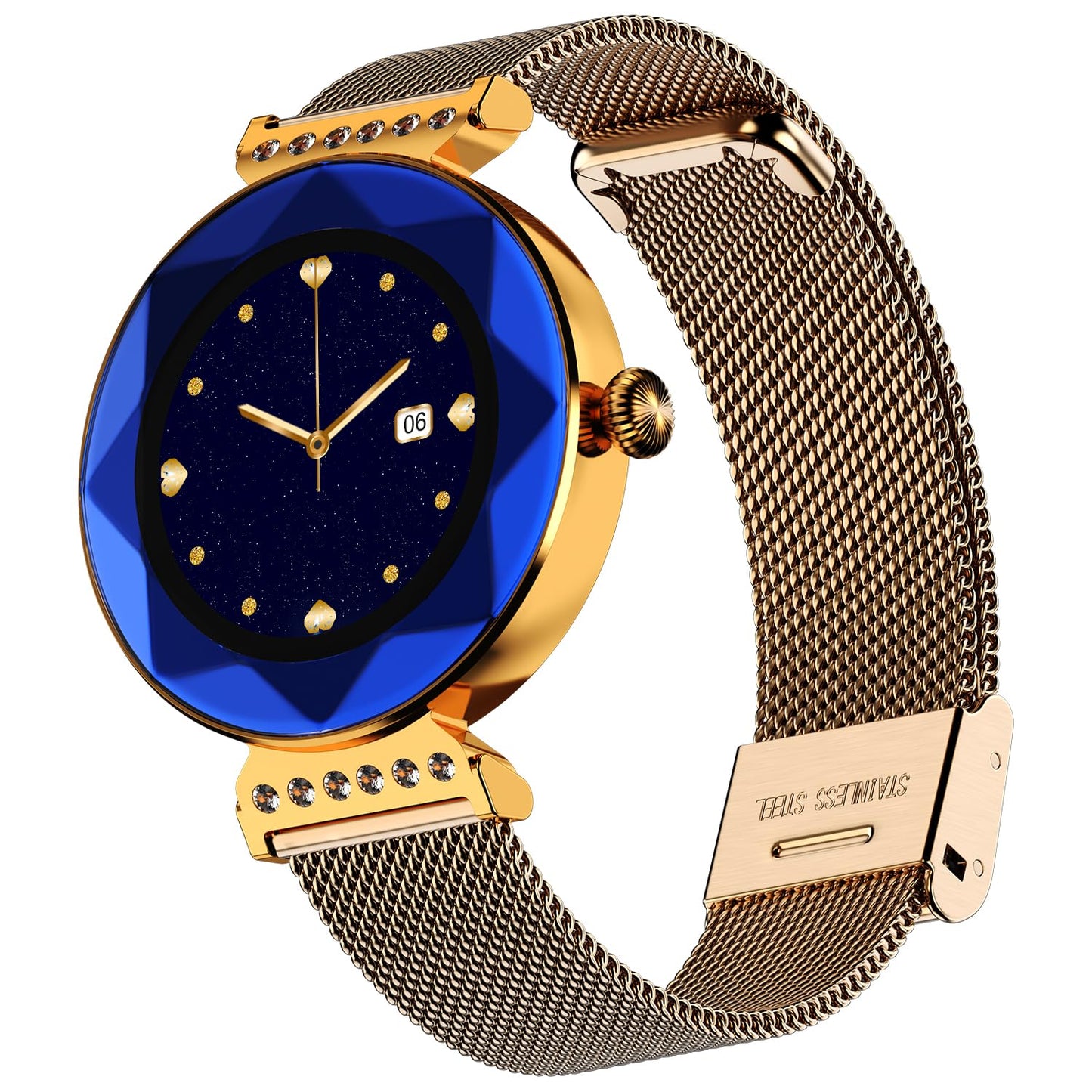 Fire-Boltt Emerald Gemstone-Studded Diamond Cut Smart Watch with 1.09” HD Display, Multiple Sports Modes, Health Suite, Wireless Charging, IP68 with Additional Stainless Steel Strap (Blue)