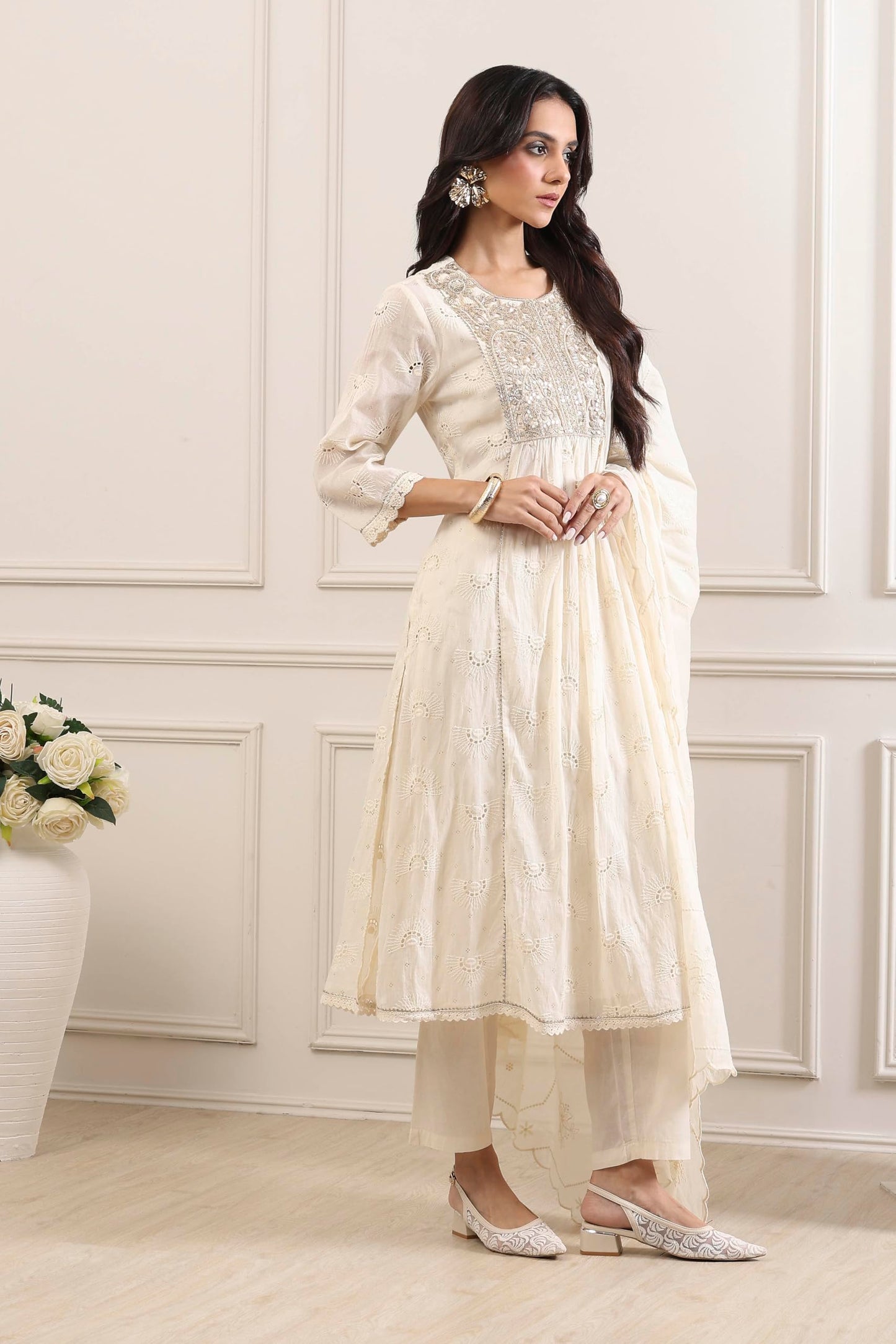 Biba Women Yellow Cotton Gathered Suit Set_32