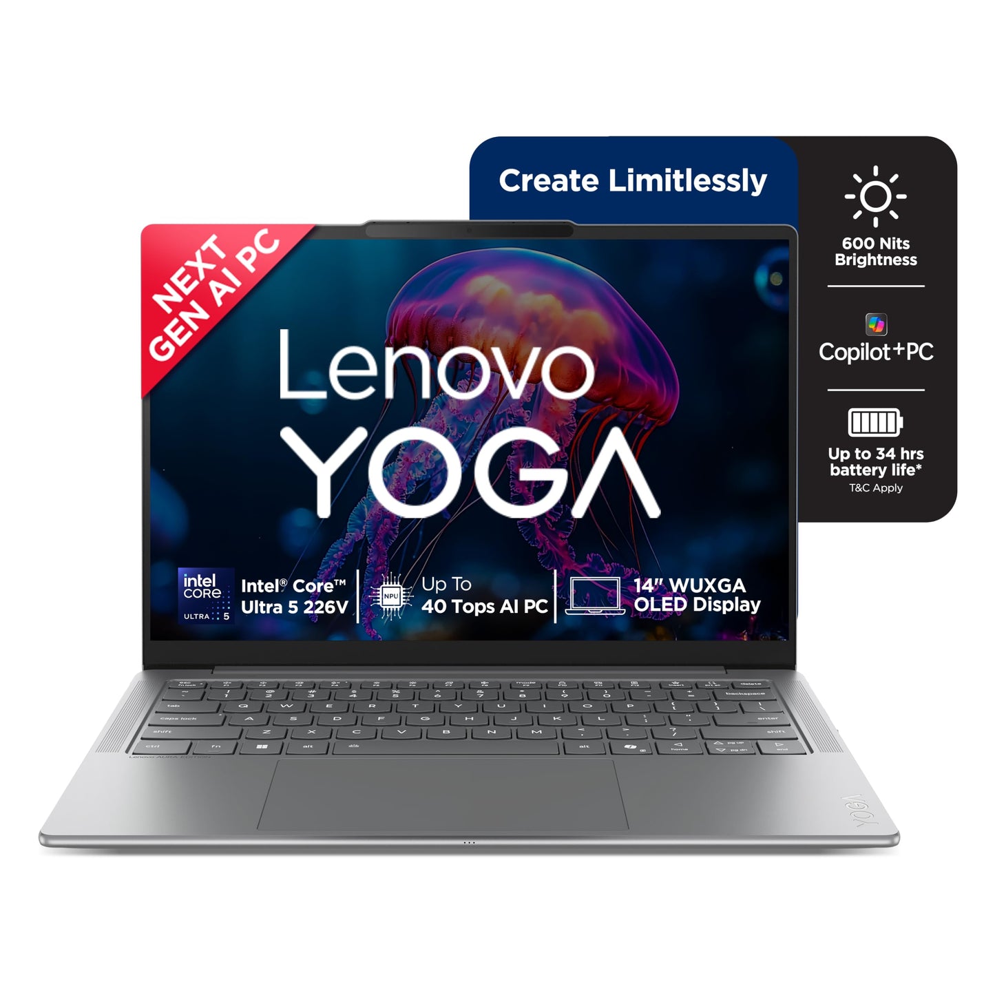 Lenovo Yoga Slim 7 Aura Edition Intel Core Ultra 5 226V,Copilot+ AI PC(16GB RAM/1TB SSD/14(35.5cm)/WUXGA OLED/40 Tops/Windows 11/Office Home 2024/1Yr ADP Free/Grey/1.19Kg), 83JX005FIN AI Laptop