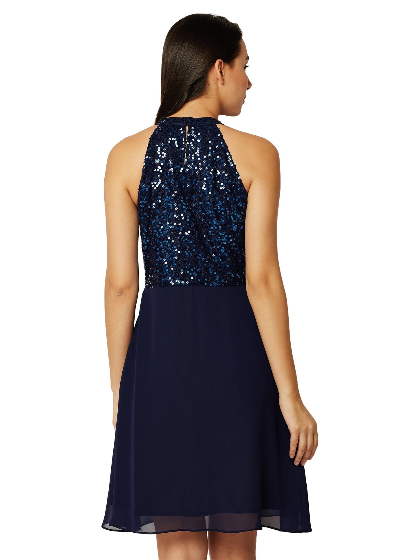 Miss Chase Women's Flowy Sequin Georgette Skater Dress(MCSS18D10-61-71-04,Navy Blue,Medium)