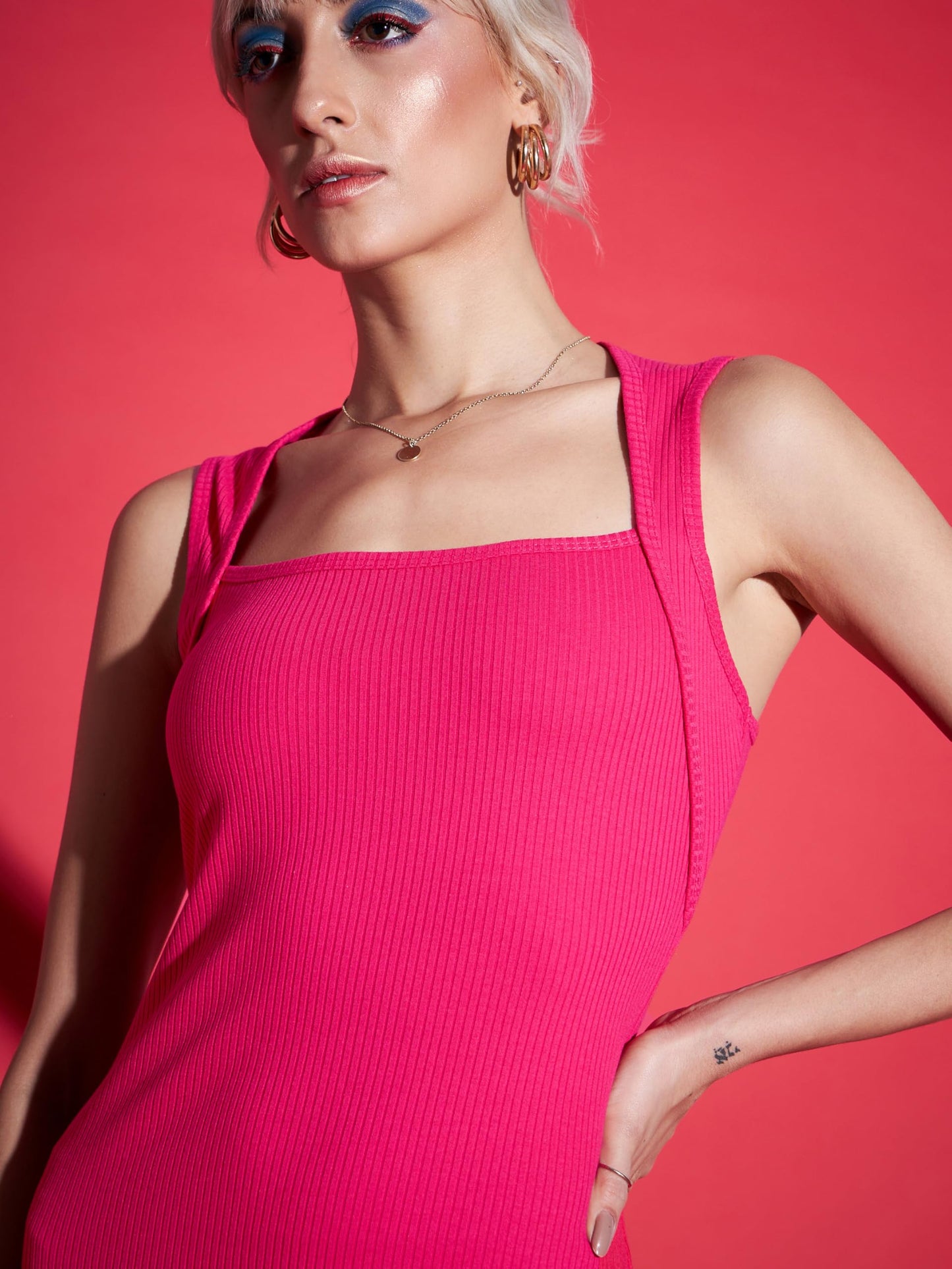 SASSAFRAS Women's Rib Bodycon Dress Midi Length Casual SFDRSS11380_Magenta