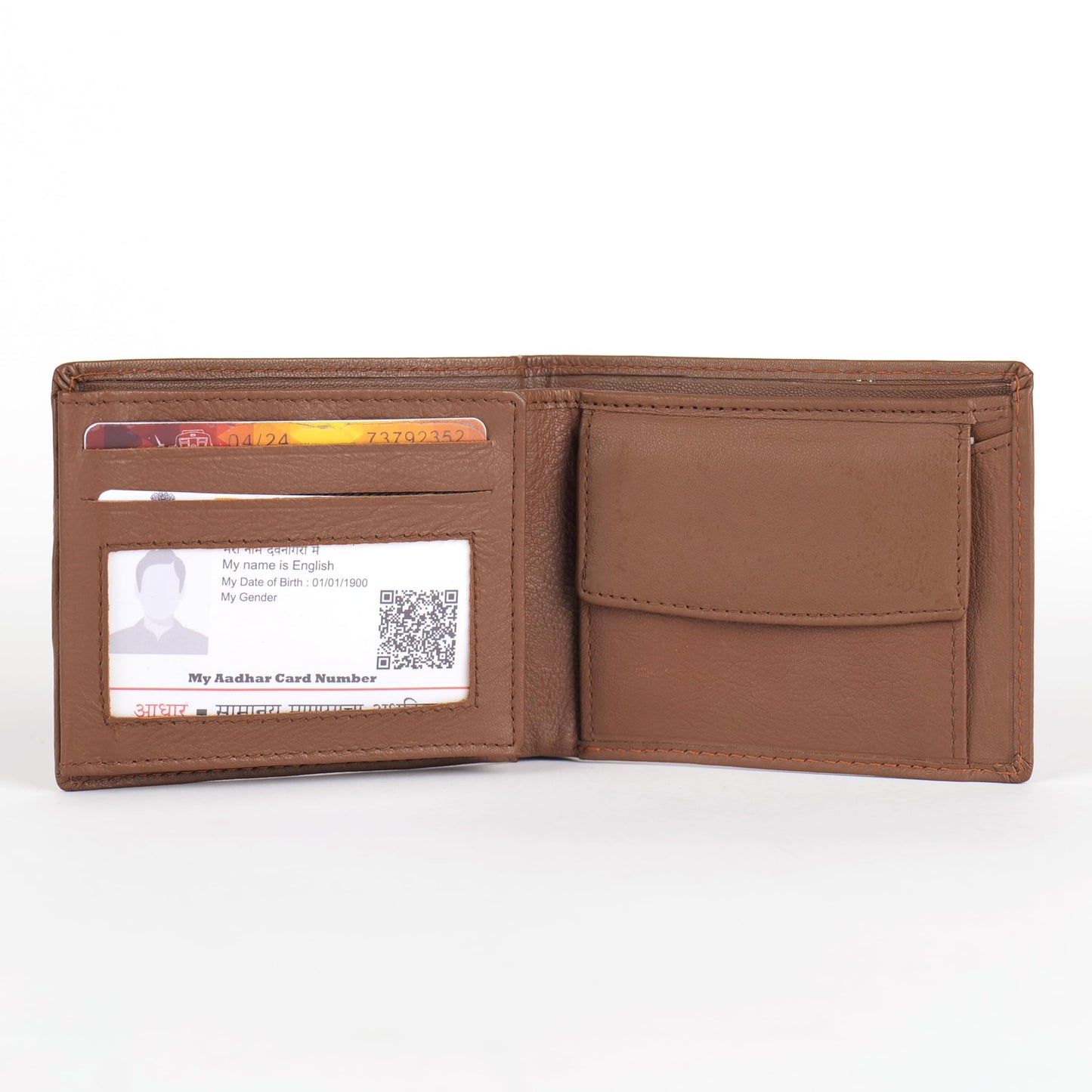 KARA Tan Men's Genuine Leather Wallet – Bifold, 2 Cash Compartments, Coin Pocket, 10+ Card Slots, Hidden & Transparent Flip Sections