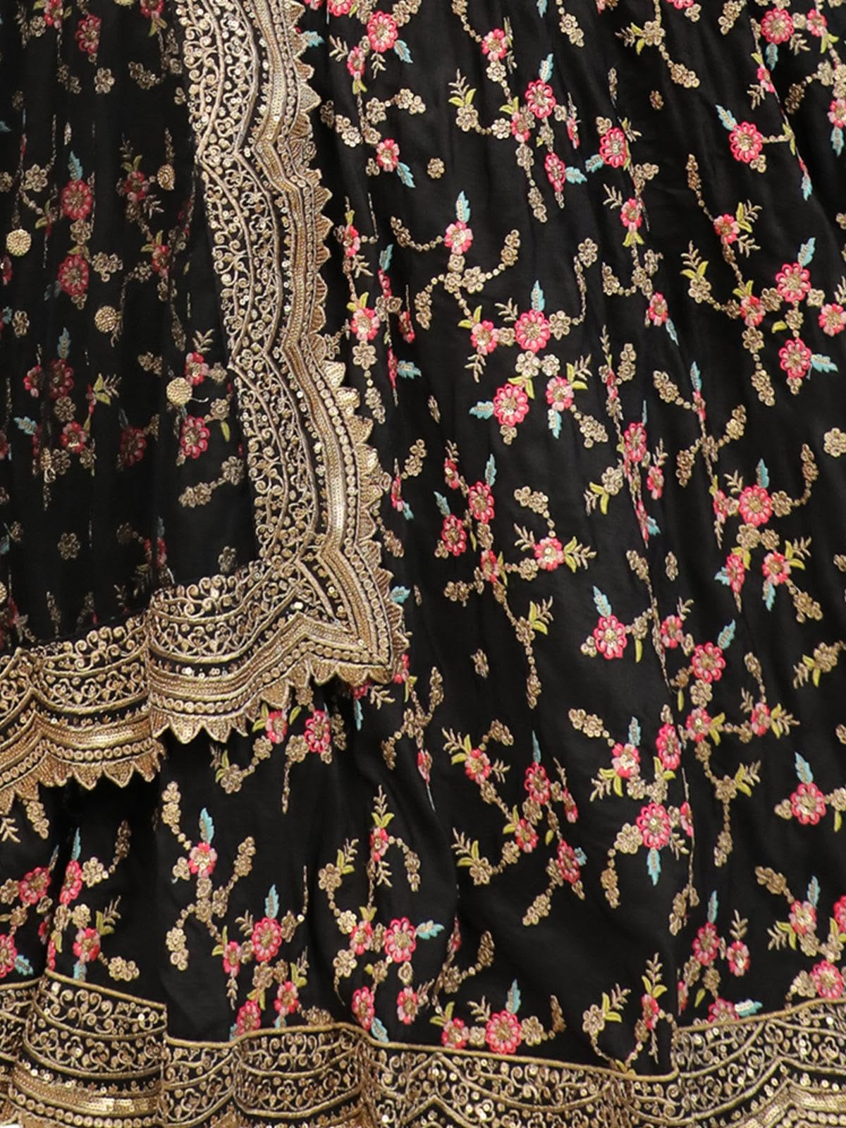 ODETTE Women Black Floral Sassy Semi Stitched Lehenga With Unstitched Blouse for the size of - Free Size