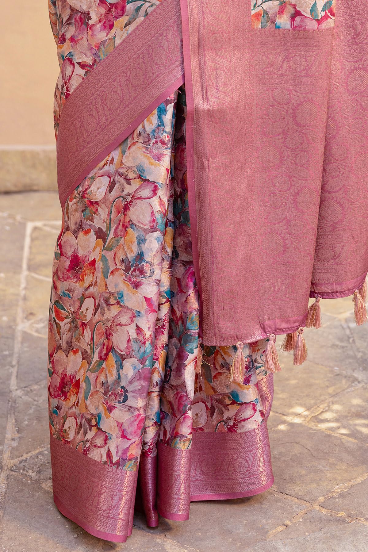 Soch Womens Multicolour Tussar Floral Print Saree