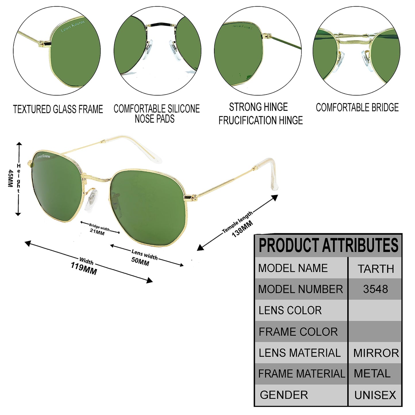 Louis Kouros Tarth Hexagonal Classic 3548 sunglasses | Gold Frame | Green Lens | Mirror Lens | 400 UV Protection | For Men & Women | Medium