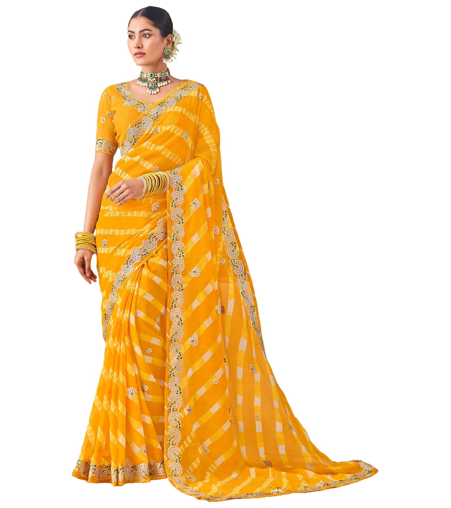 Laxmipati Nazakat Floral Embroidered Chiffon Saree in Yellow Color with Unstitched Blouse