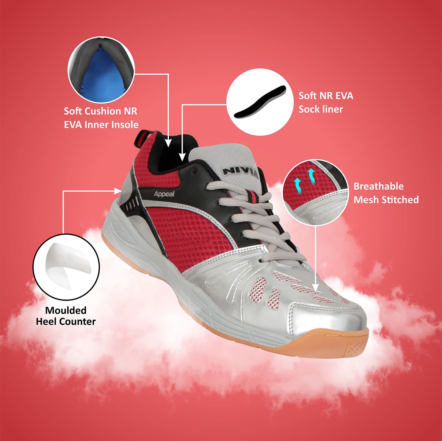 Nivia Appeal Badminton Shoes for Mens|Non-Marking Round Sole with Breathable mesh with PU Coated Synthetic Upper for Sports, Badminton, Volleyball, Squash, Table Tennis (Maroon/SIL), 10