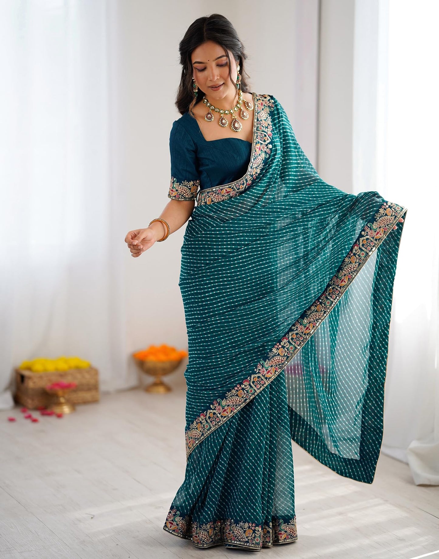 SIRIL Women's Georgette Leheriya Printed Sequence Embroidery Lace Saree With Embroidery Unstitched Blouse Piece (4863S194_Teal Blue)