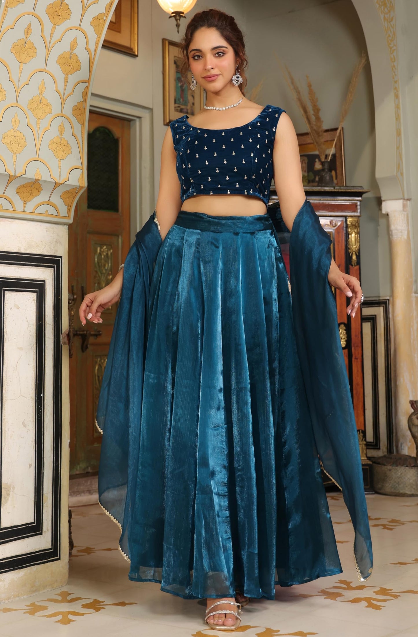 Janasya Women's Teal Blue Organza Zari Embroidered Pleated Ready To Wear Readymade Lehenga Choli Set (JAB24LC00469-XL)