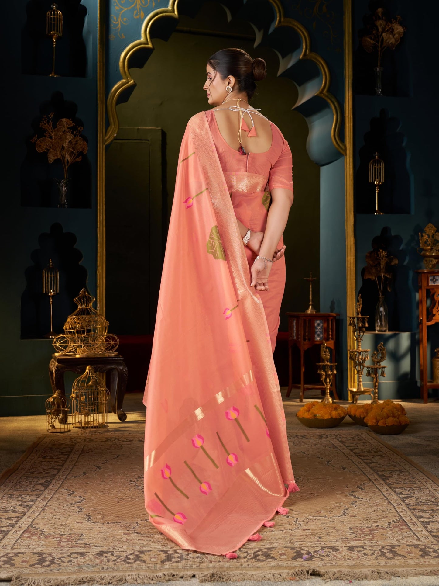 SWORNOF Women's Cotton silk saree for Patola festival Wedding silk with blouse piece (ORANGE1)