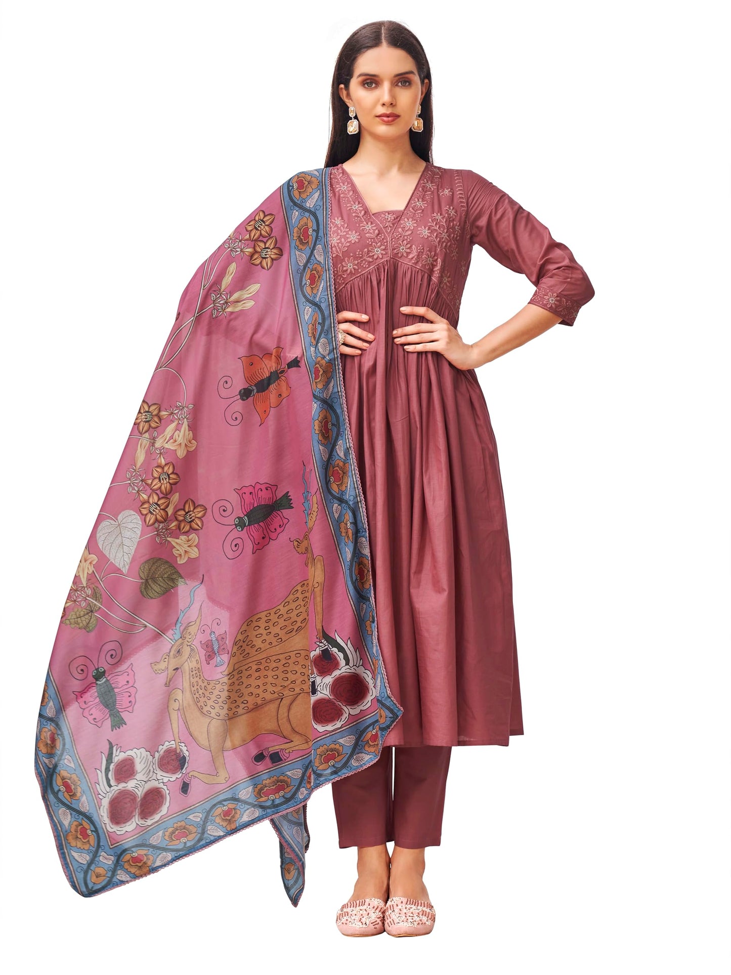 Womanista Women's Tonal Thread Alia Cut Flared Kurta with Pant and Dupatta (Kurtaset_1317_XL)