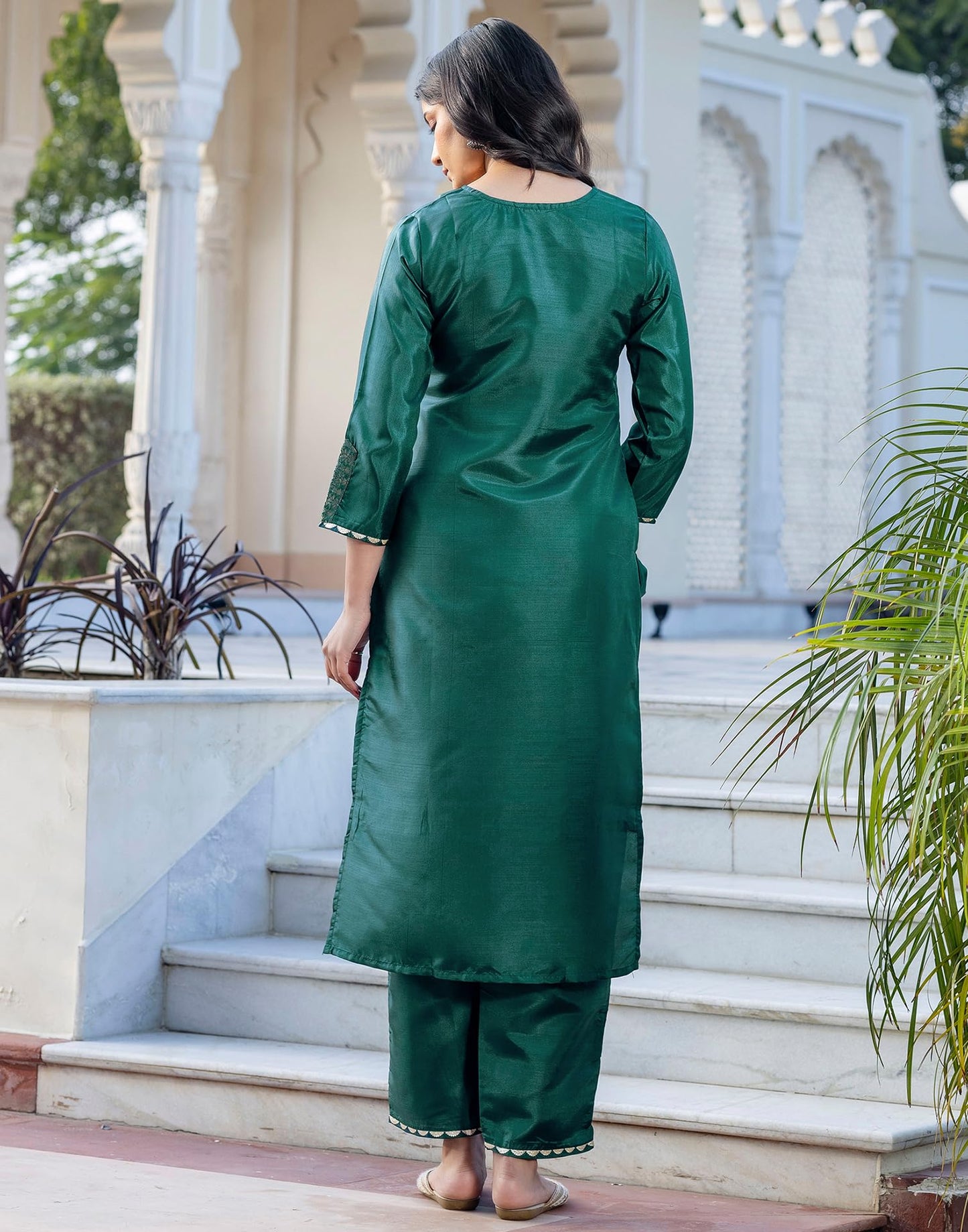 SIRIL Women's Rayon Kurta Set | Sequence Embroidery Straight Kurta with Pant & Dupatta| Kurta Sets for Woman (245KBD2584-S_Dark Green)