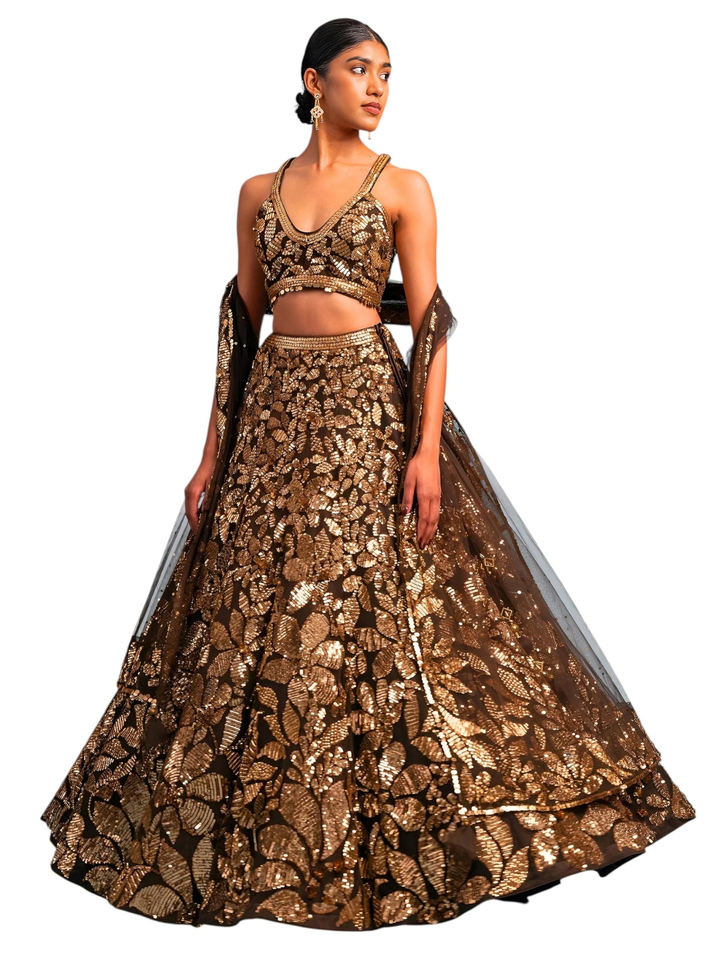 Zeel Clothing Women Net Semi stitched Sequins Embroidered Soft Lehenga Choli With Dupatta (5106-Brown-Latest; Free Size)