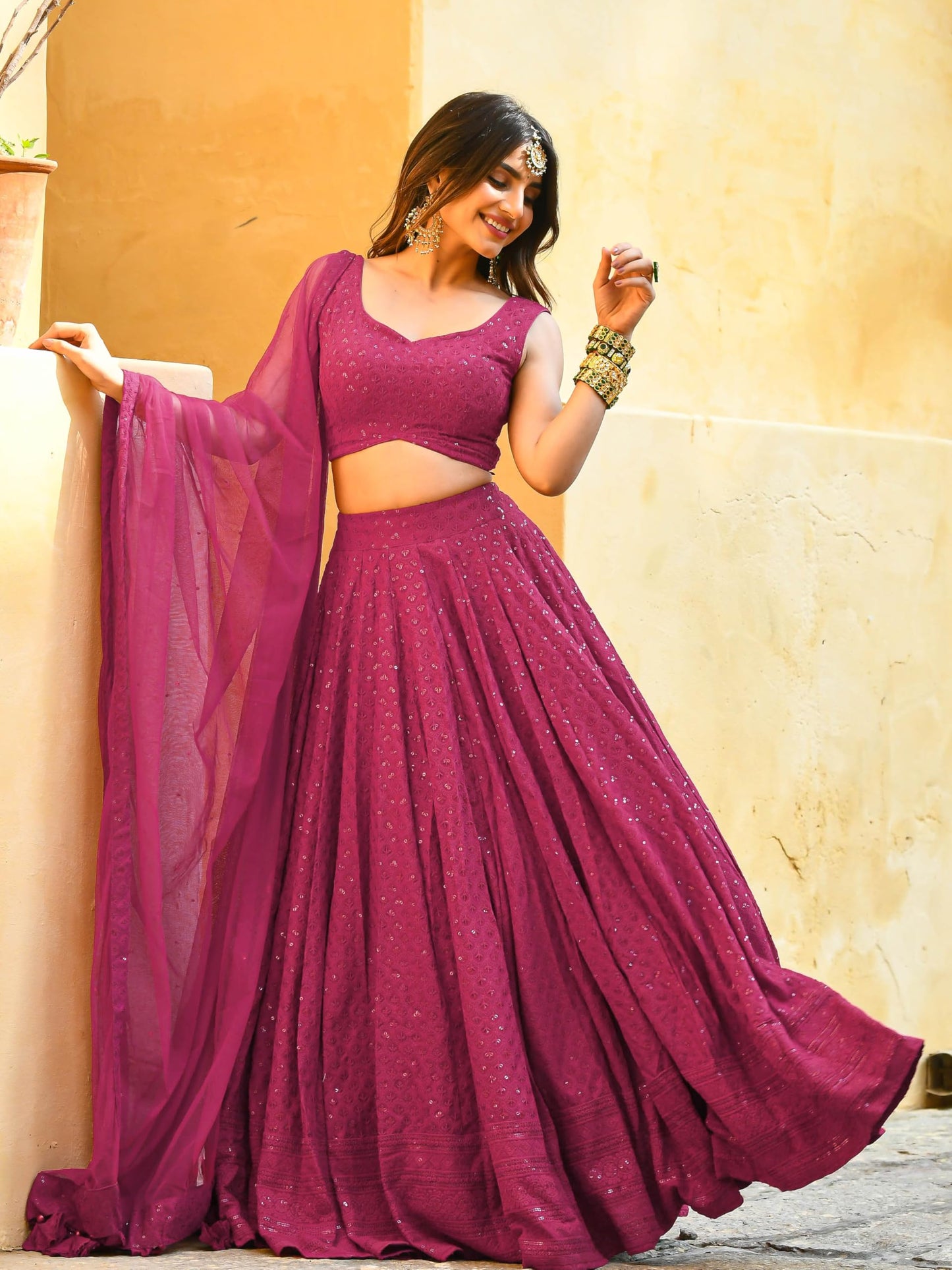 Zeel Clothing Women's Georgette Semi-Stitched Sequins Thread Embroidered Lehenga Choli With Dupatta (5124-Pink--Lehenga-Choli-Latest; Free Size) (Pink)