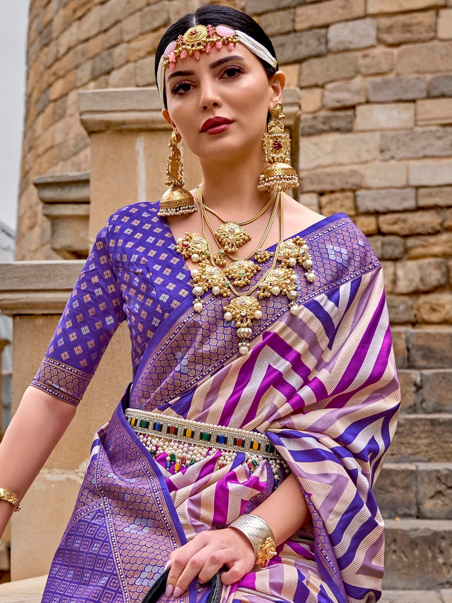 SAREE MALL Women's Woven Design Geometric Print Silk Blend Saree with Unstitched Blouse Piece (Violet_FLORENCE972_RW)