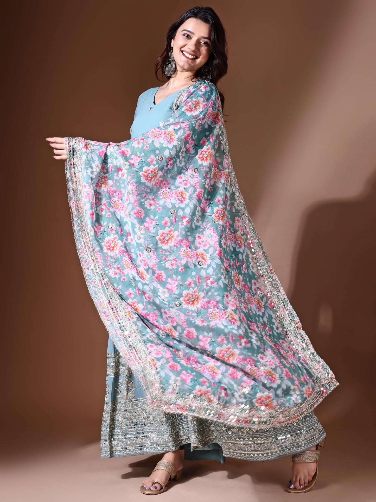 Fashion Basket Georgette Embroidered Anarkali Dress for Women (in, Alpha, 2XL, Regular, Sky Blue)