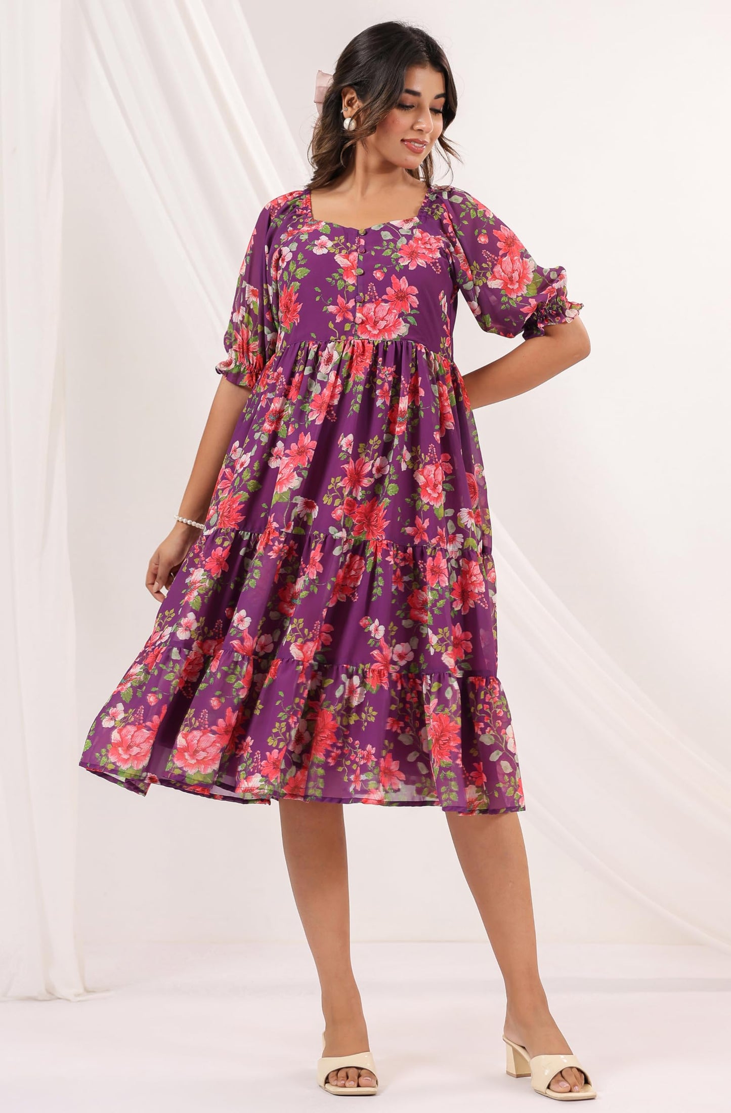 Janasya Women's Purple Georgette Floral Printed Tiered Dress (JAC24DR01628-L)