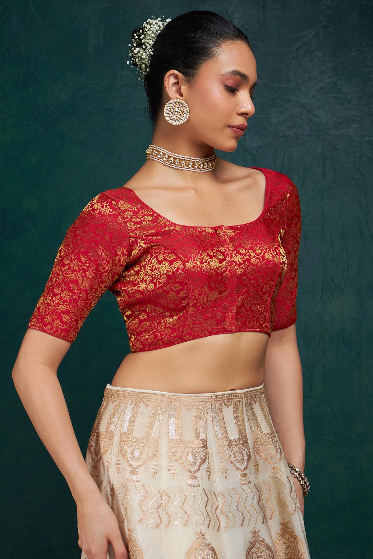 Soch Womens Red Art Silk Half Sleeve Blouse with Woven Floral Designs 38