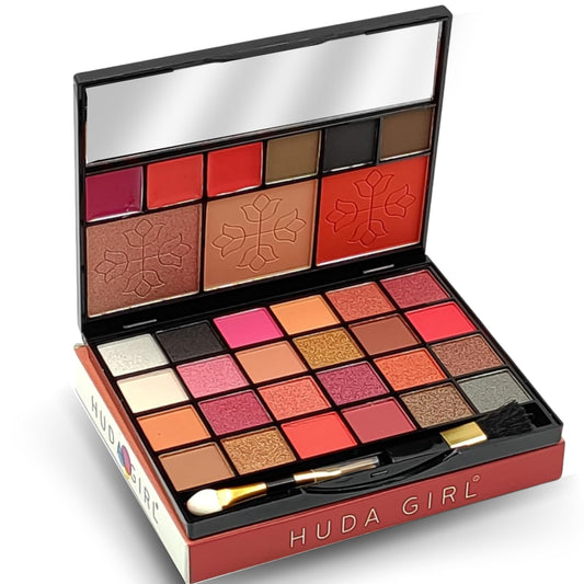 HUDA GIRL All-in-One Makeup Kit with Mirror - Includes 24 Eyeshadow Palette with Brush, 3 Eyebrow Powder, 3 Lip Gloss, 2 Applicator, Blush Contour and Highlighter Palette for Girl & Womens