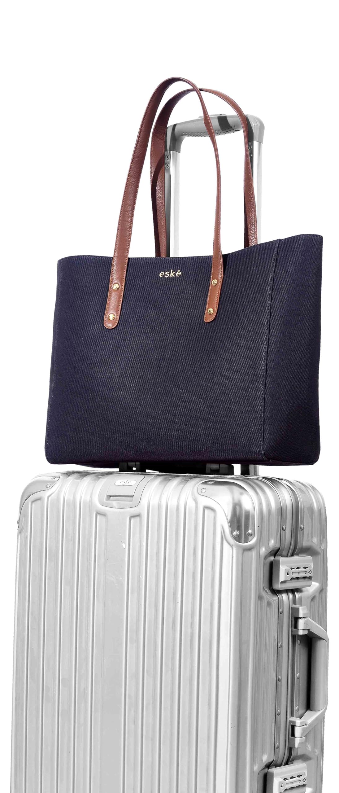 eske Alva Canvas Vegan Leather Tote Handbag For Women | Shoulder Bag For Daily Use (Navy Blue Cognac)